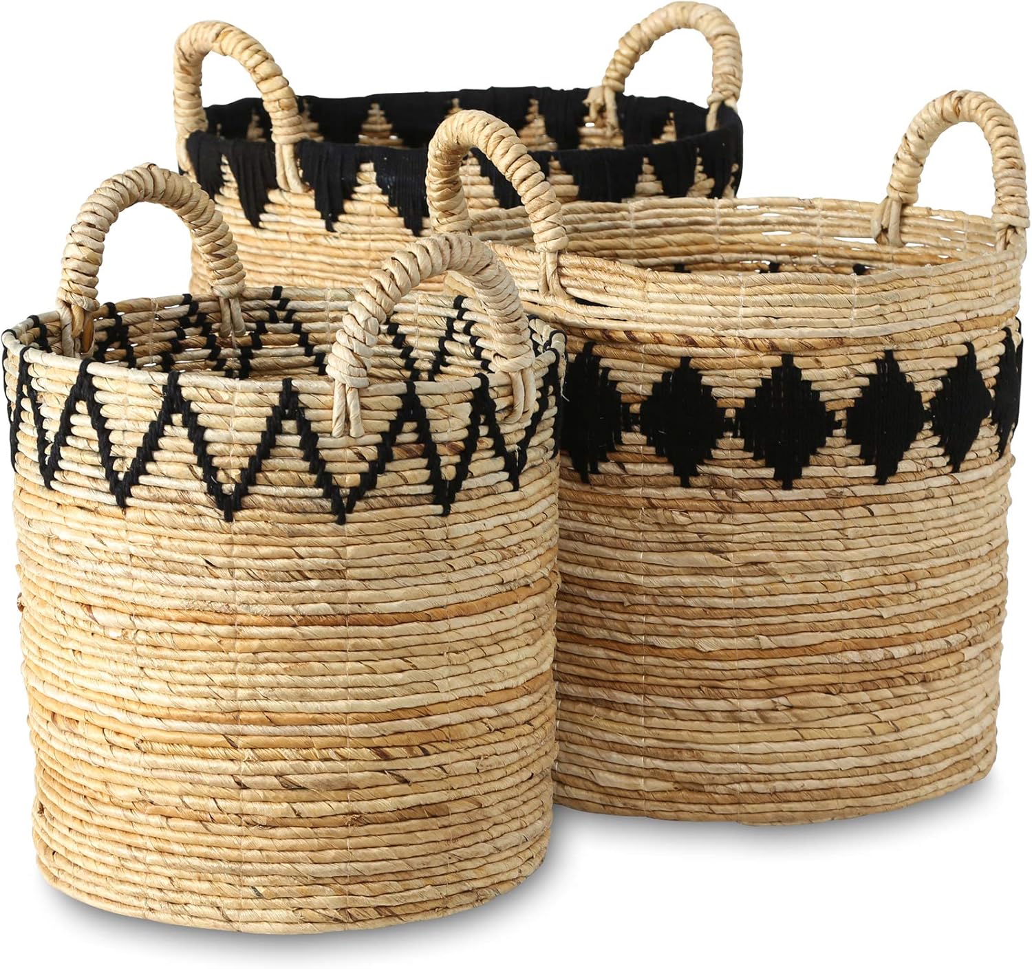 WHW Whole House Worlds Zig-Zag Border Baskets, Round, Black Yarn Details, Top Handles, Natural Rolled Chunk Sweater Weave, Set of 3, 17, 15 and 12.25 Inches, Organizers Storage Bins