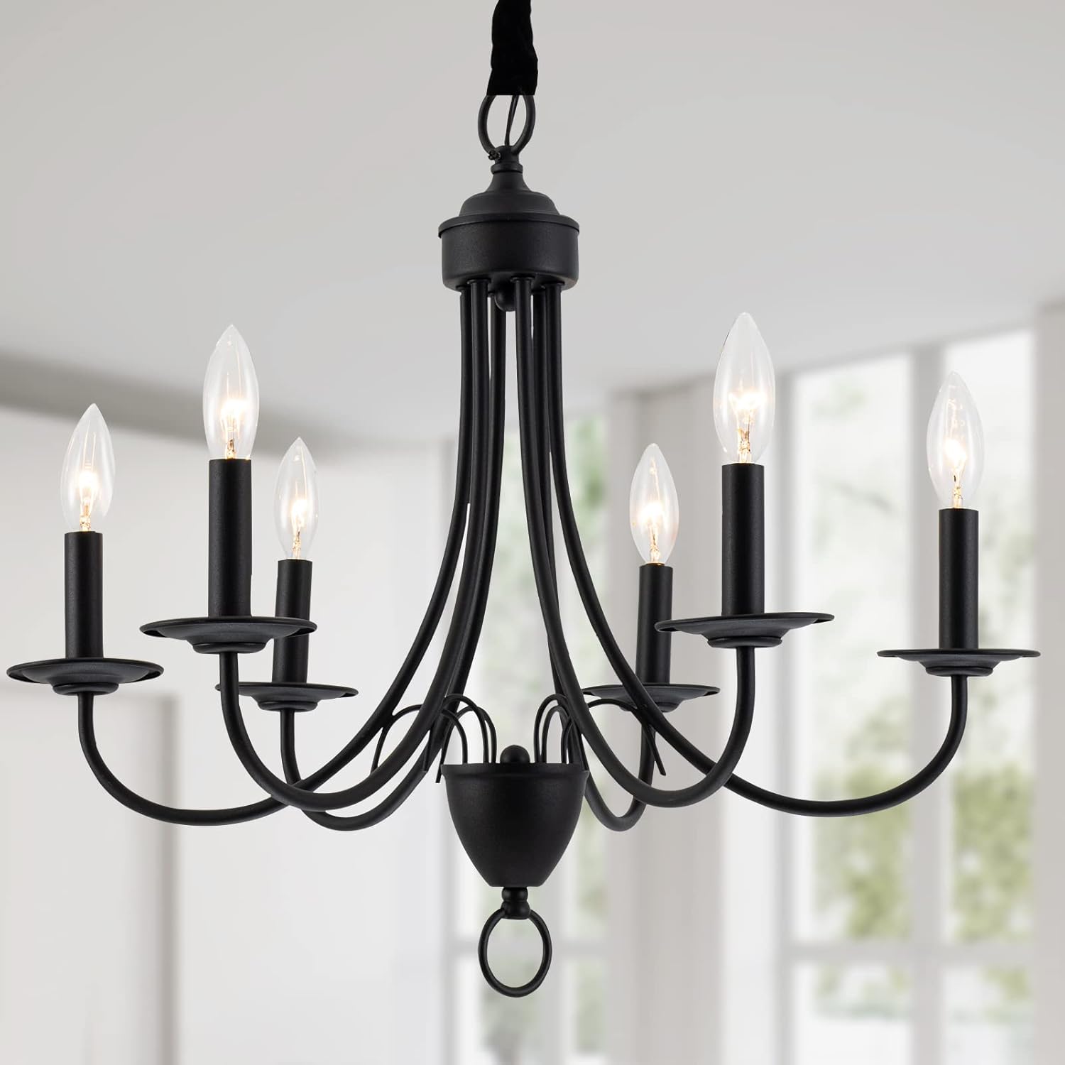 Kaluxry Chandeliers for Dining Room, Black Farmhouse Chandelier 6-Light Metal Candle Pendant Light Fixture with E12 Base Pendant Lights for Kitchen Dining Room Bedroom Study Living Room Hallway Entry