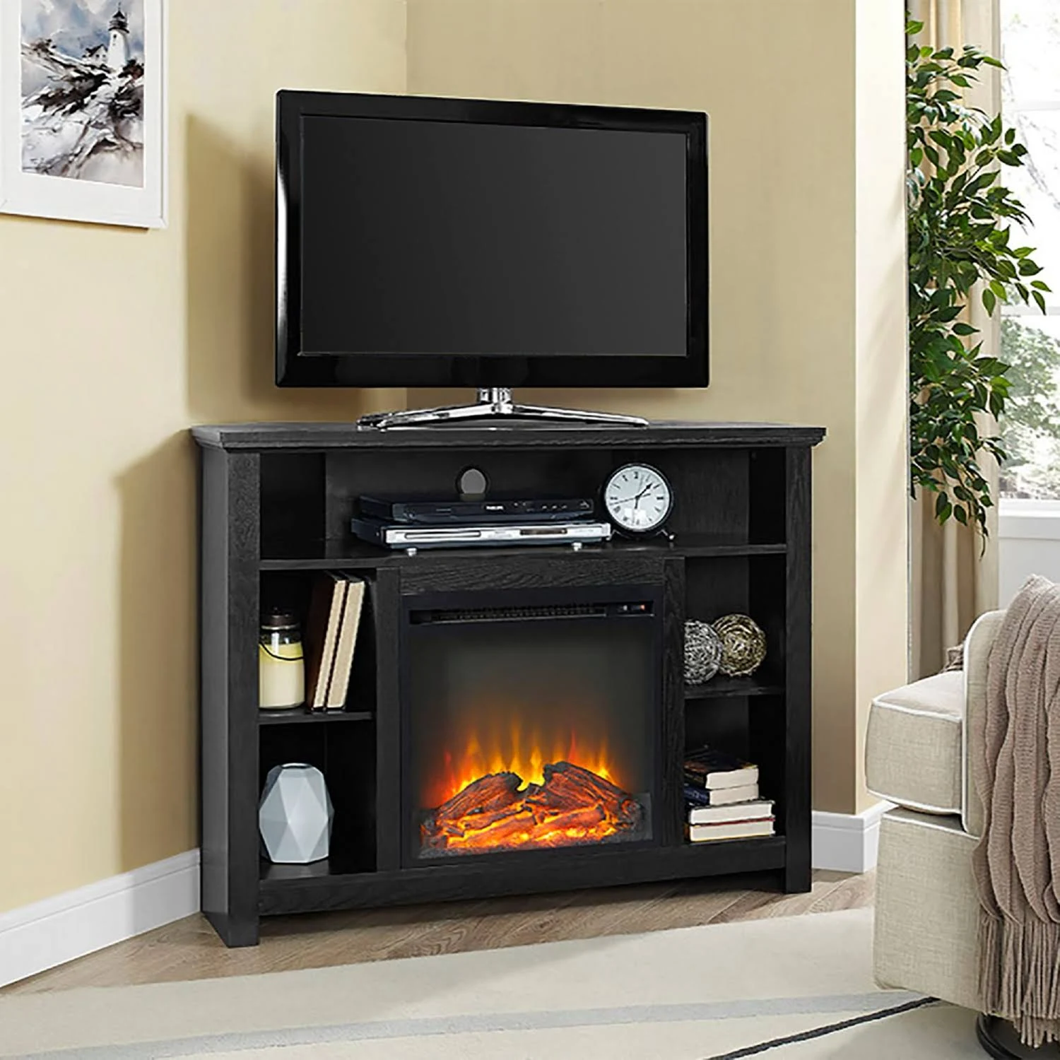 Walker Edison Wood Corner Highboy Fireplace TV Stand, Black