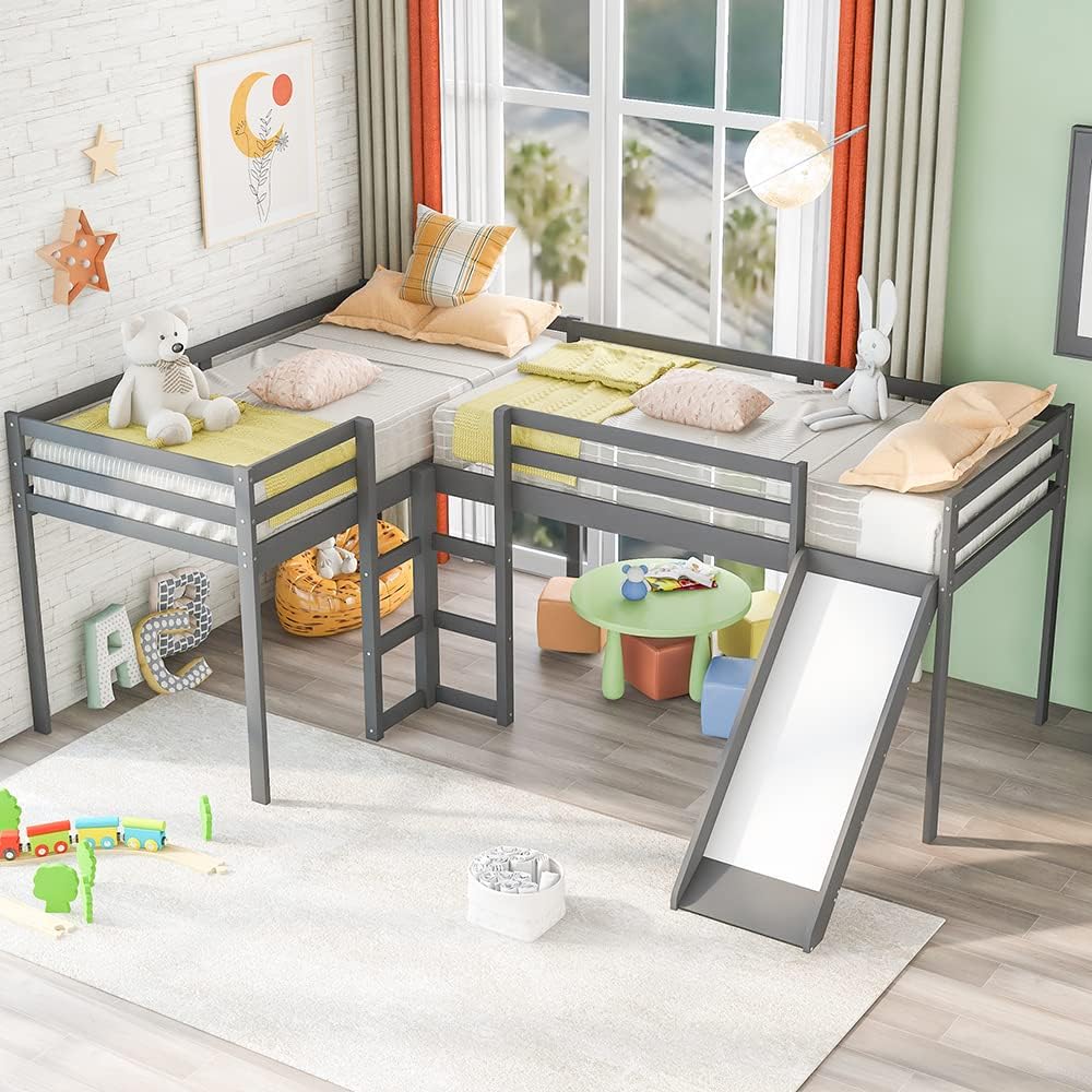 KNMNIU Twin Size L-Shaped Loft Bed with Slide,Ladders and Full-Length Guardrail, Space-Saving Solid Wooden Low Loft Beds for 2 Kids，Grey