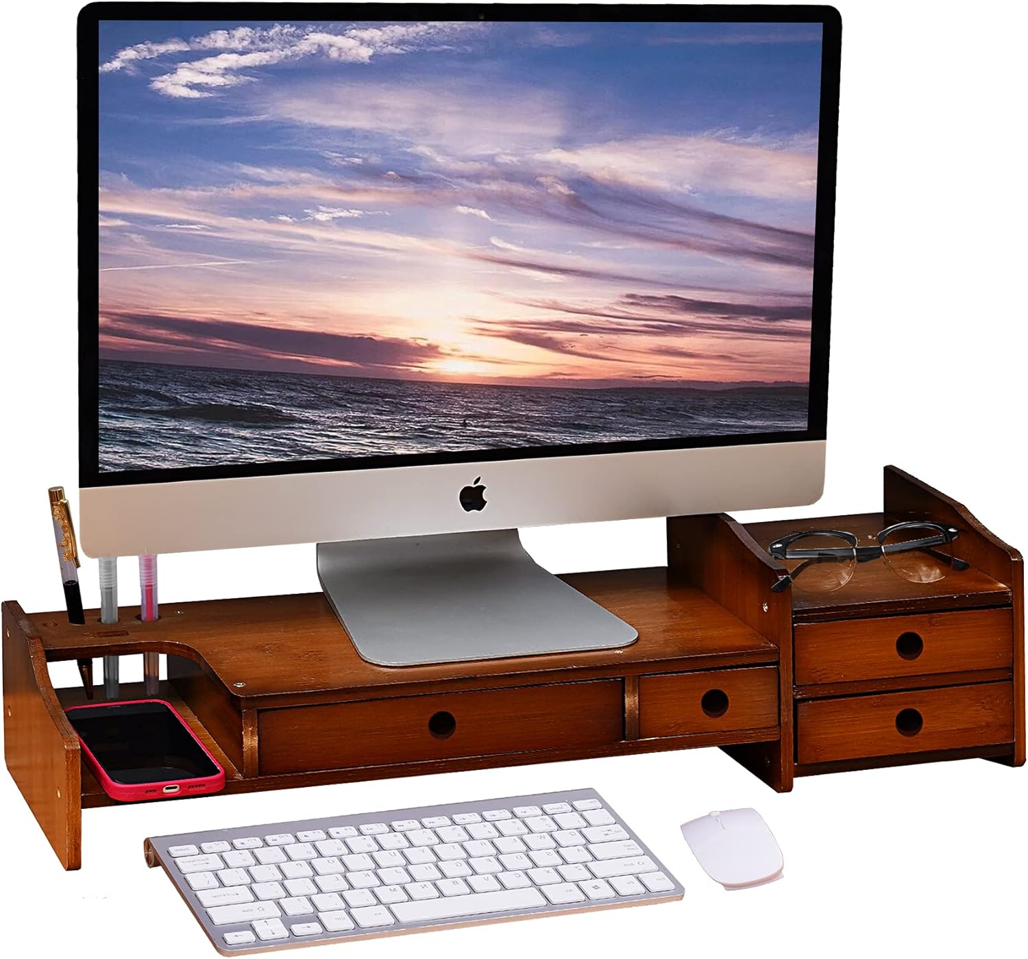 Sundale Bamboo Monitor Stand Riser with Drawer, Computer Riser Desk Monitor Stand with Storage Organizer, Speaker TV Laptop Printer Stand for Laptop Computer/TV/PC, Antique Brown Pack of 2