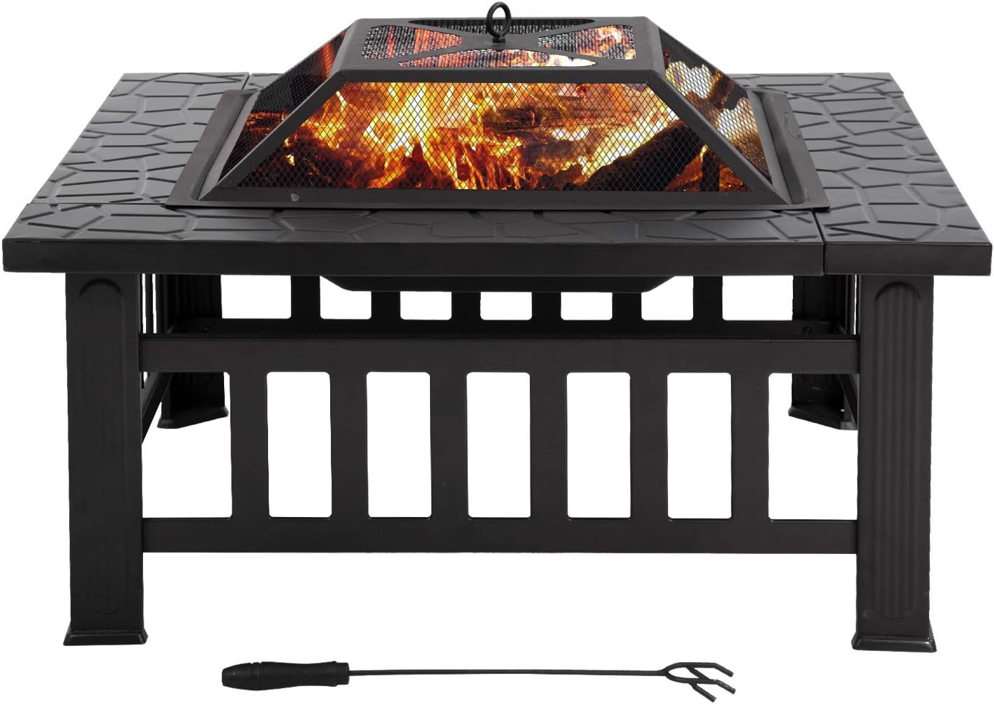 Outdoor Fire Pit,32 inch Square Metal Firepit for Patio Wood Burning Fireplace Garden Stove with Poker Mesh Cover ,Charcoal Rack for Camping Picnic Bonfire Backyard