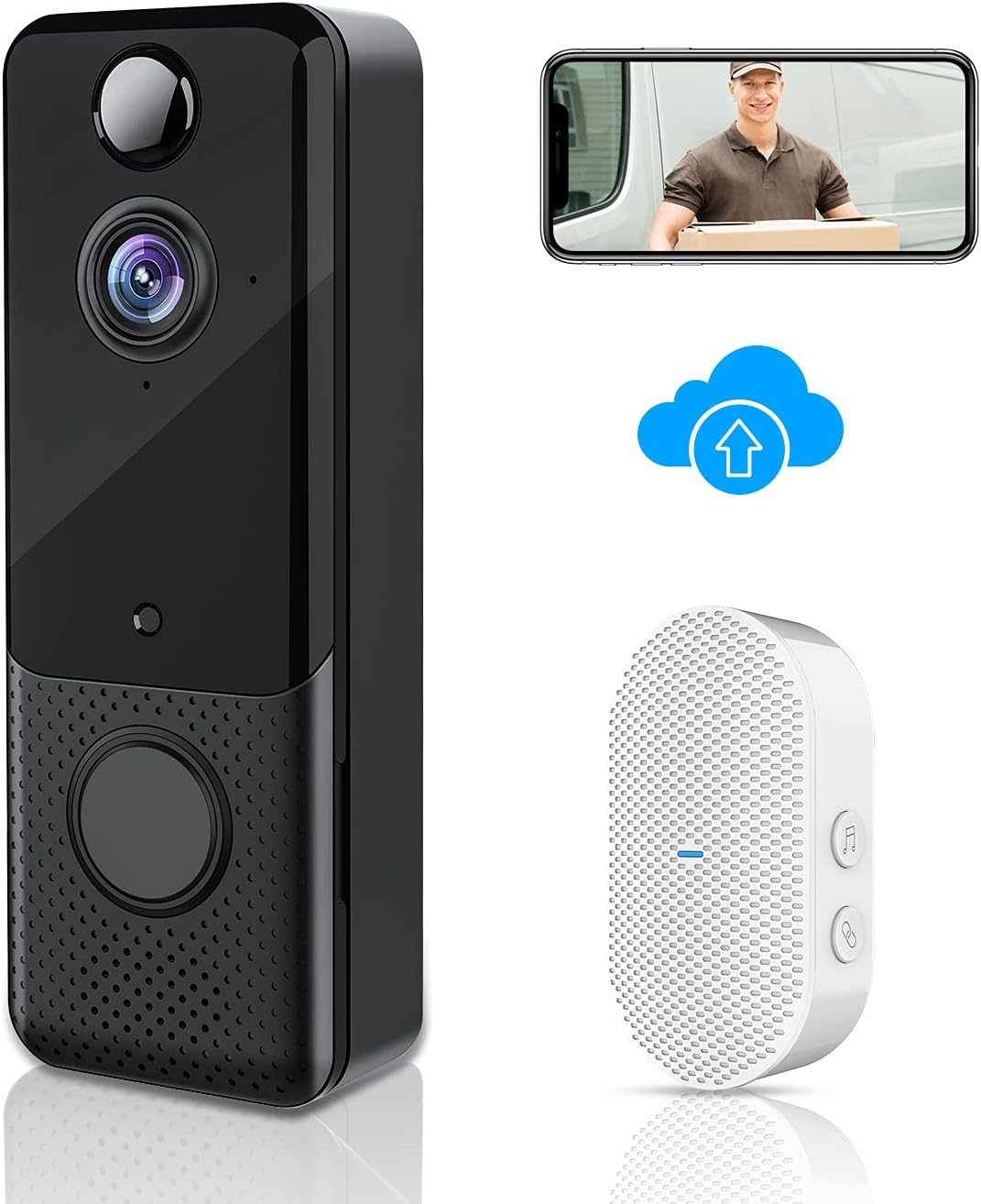 Video Doorbell Camera 1080P Wireless Door Bell with Chime, PIR Motion Detection, Two-Way Audio, Night Vision, Free Cloud Storage, 166°Wide Angle, IP65 Weatherproof, Rechargeable Batteries Pack of 2