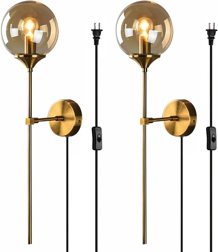 KCO Mid-Century Plug in Cord Wall Sconces with On/Off Switch Pack of 2 Amber Glass Globe Wall Lamps Long Arm Mid Century Industrial Gold Wall Lights Fixture for Bedroom Bedside Stairway Hallway