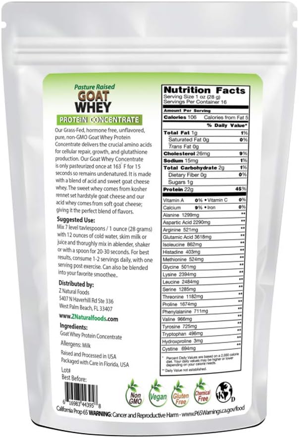 Goat Whey Protein Powder Concentrate - Unflavored & Undenatured - Grass Fed in USA - Good Source of BCAA - No Hormones or Antibiotics - 100% Pure, Gluten Free, Non GMO, Kosher - 1 lb Pack of 2