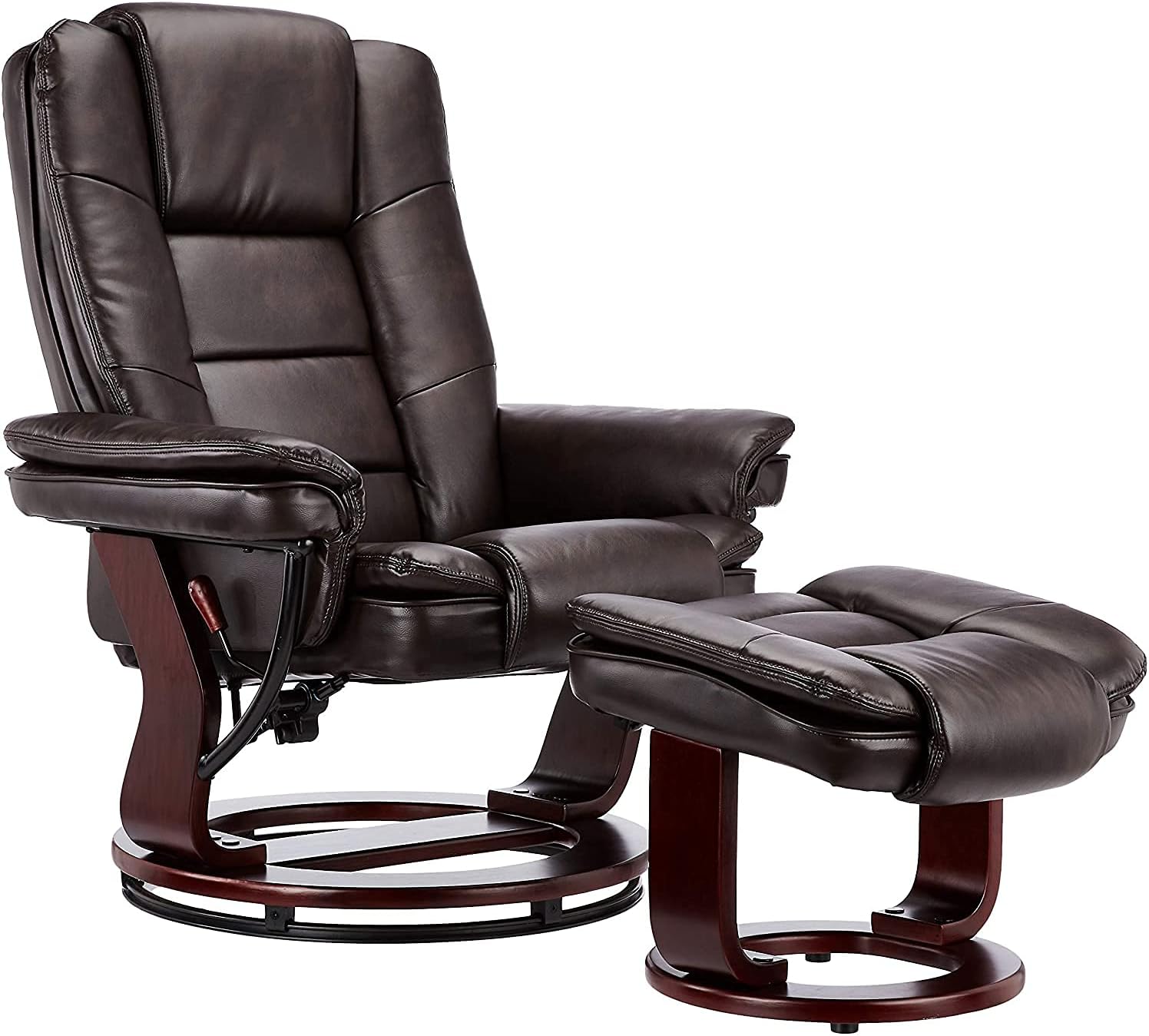 JC Home Contemporary Black Leather Recliner and Ottoman with Swiveling Mahogany Wood Base