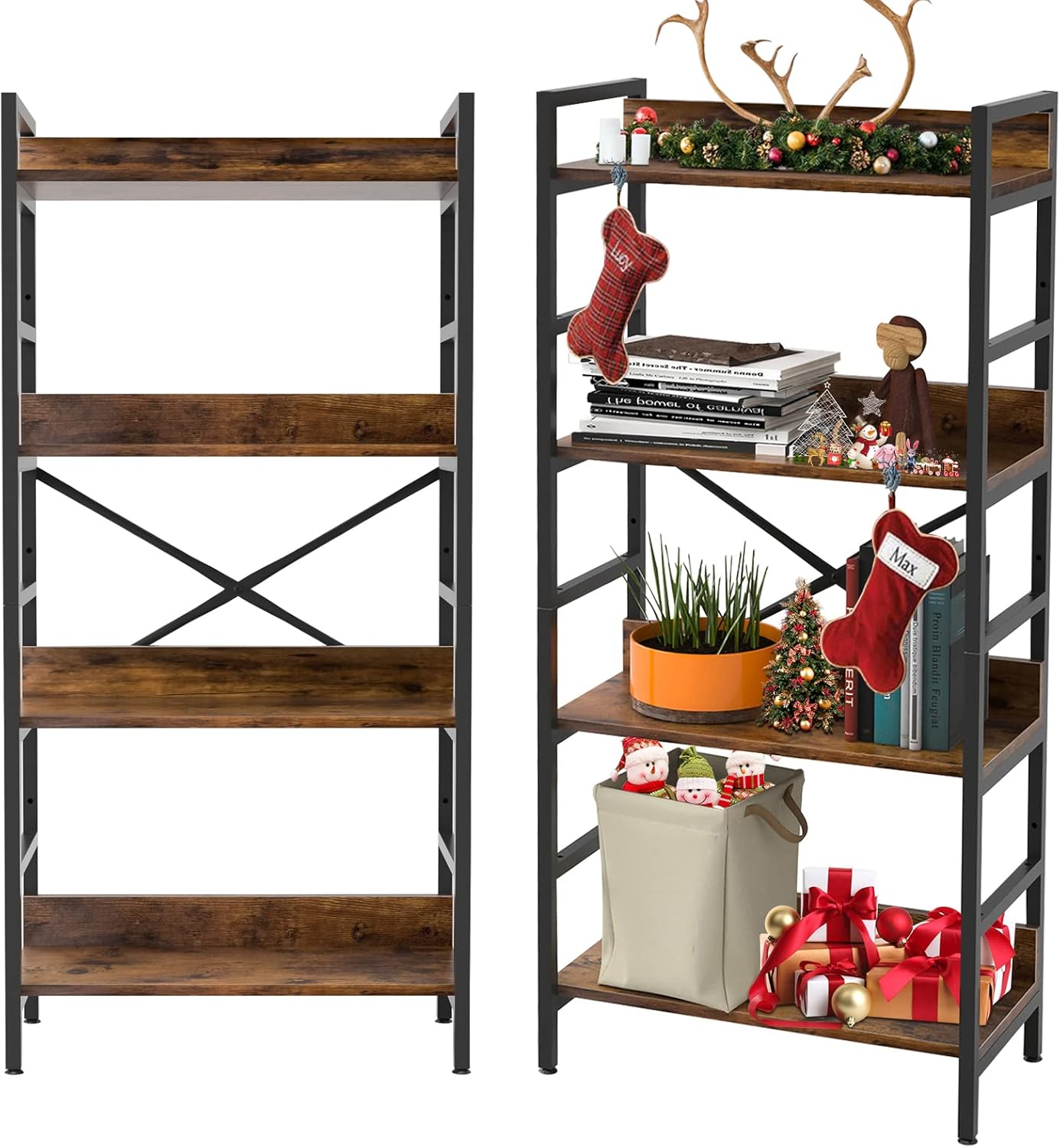 SUAYLLA Industrial Bookshelf,4 Tier Tall Bookcase,Storage Rack Shelves with Adjustable Shelf,Metal Frame Bookshelves for Living Room Office,Steel Wood Rustic Brown Furniture