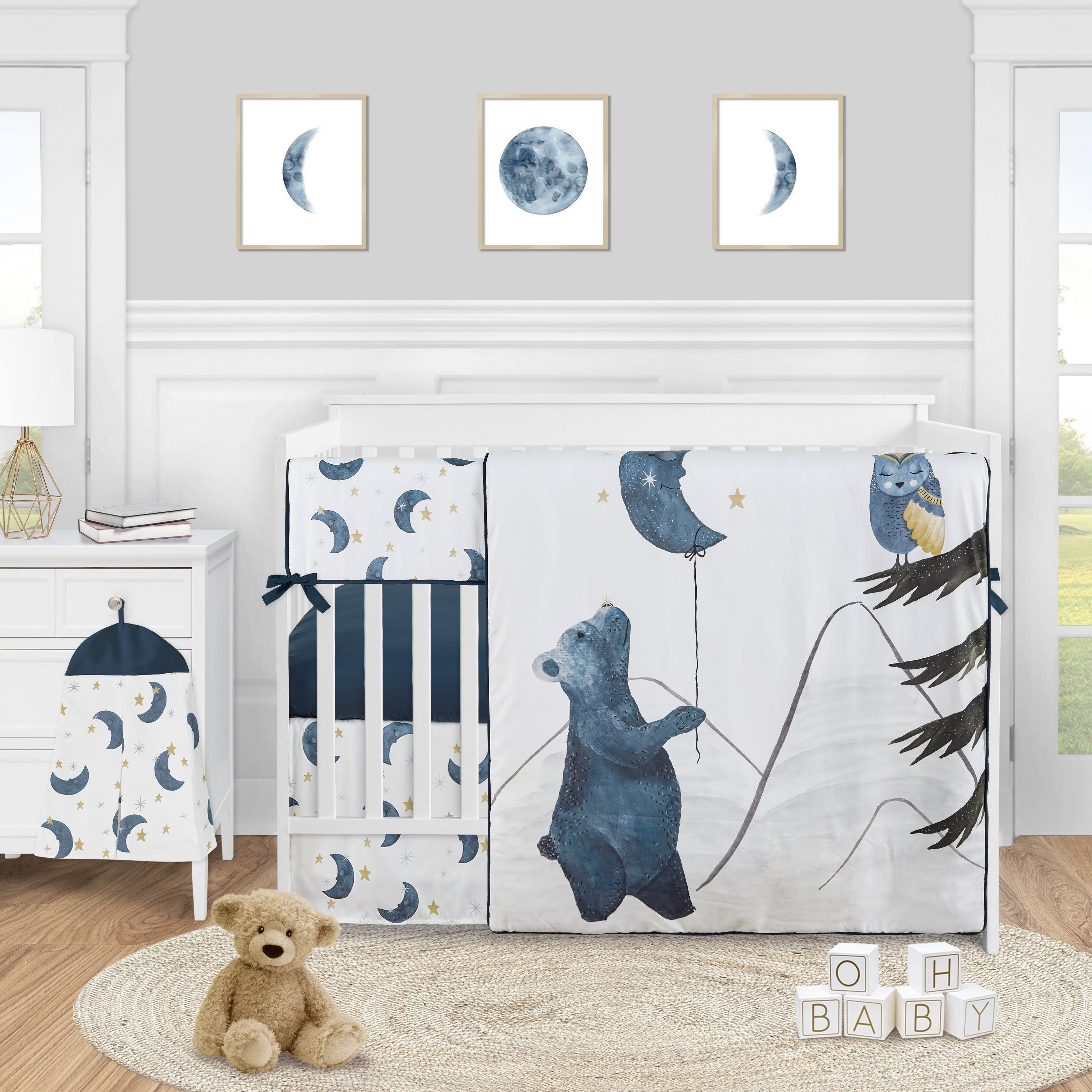 Sweet Jojo Designs Woodland Bear and Owl Baby Boy Girl Nursery Crib Bedding Set - 5 Pieces - Navy Blue, Grey, Gold and Black Cel