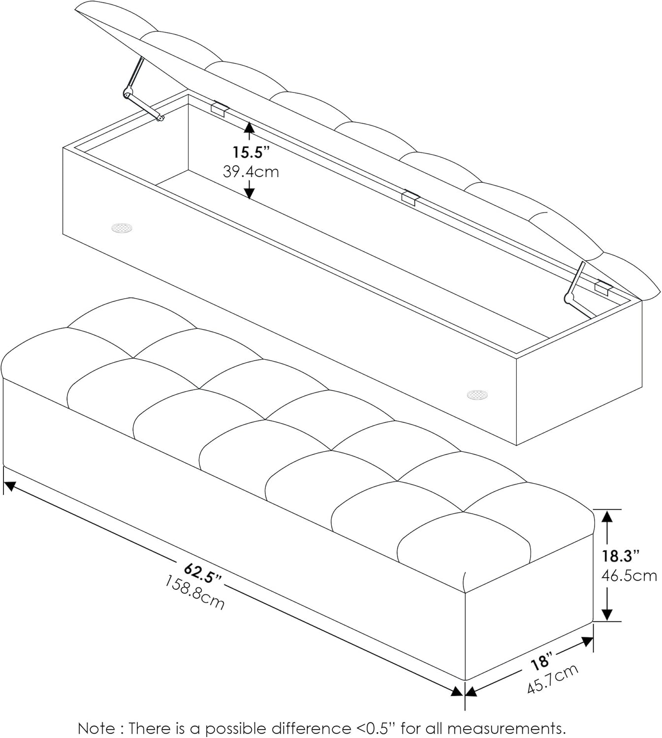 FURINNO Laval Single Row Tufted Storage Ottoman Bench, Glacier