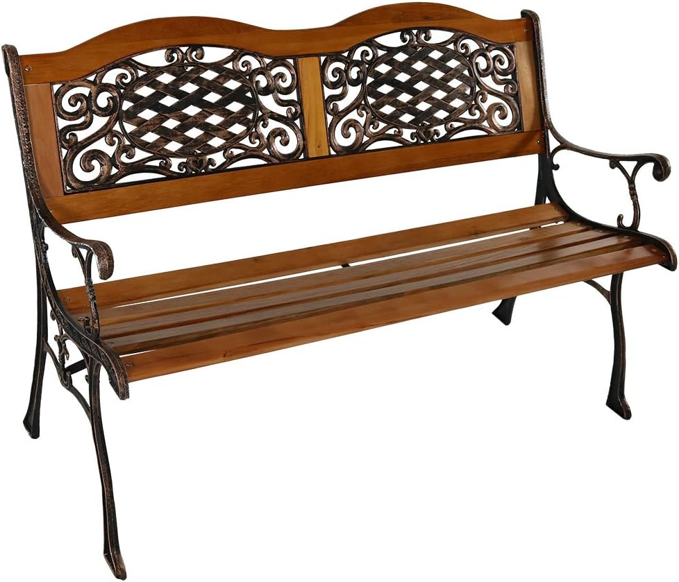 Sunnydaze 2-Person Garden Bench - Cast Iron and Wood Frame with Ivy Crossweave Design - 49-Inch Outdoor Patio Furniture - Perfect for Deck, Porch, Balcony, Backyard or Garden