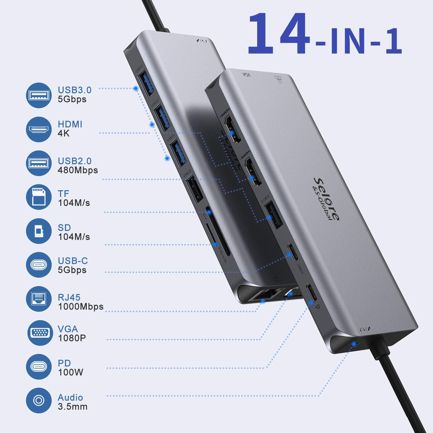 USB C Docking Station Dual Monitor,USB C Dual Monitor 2 HDMI Adapter,Triple Display 4K HDMI&VGA,14 in 1-3USB3.0&2USB2.0,Gigabit Ethernet,100W PD,SD/TF Card Reader,Type-C Data Transfer,3.5mm Audio Pack of 2