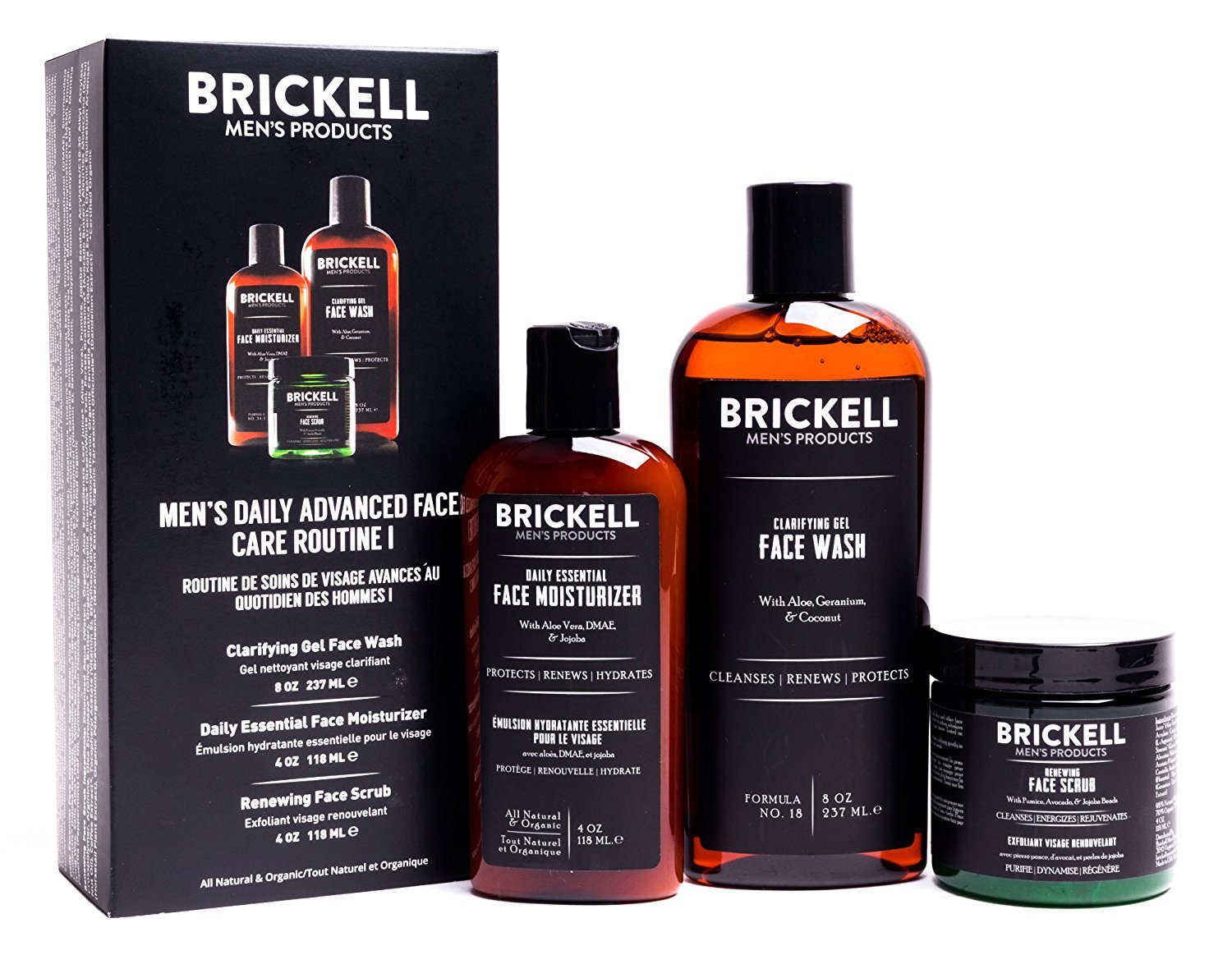 Brickell Men's Daily Advanced Face Care Routine I, Gel Facial Cleanser Wash, Face Scrub, Face Moisturizer Lotion, Natural and Organic Men's Skin Care Gift Set, Scented Pack of 2