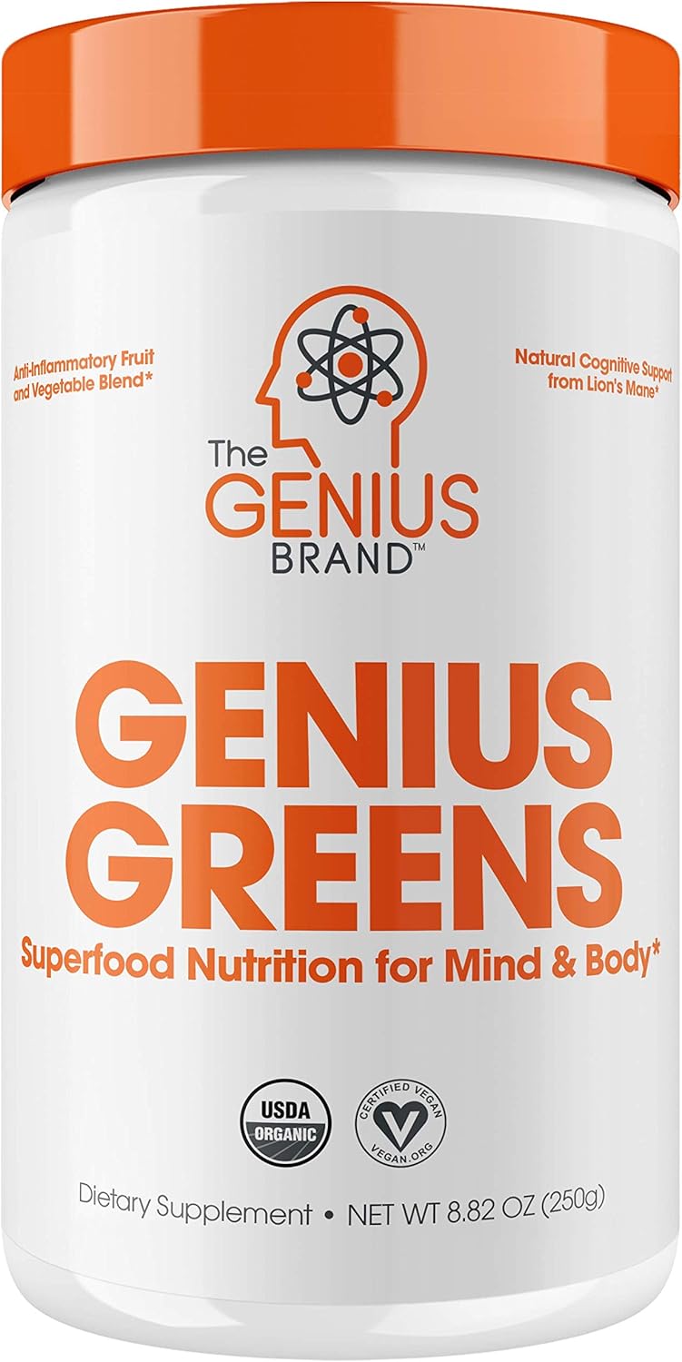 Genius Super Greens Powder Nootropic Supplement - Organic Spirulina Powder w/ Lions Mane, Kale, and Antioxidants | Amazing Green Superfood Juice & Smoothie Mix For Energy, Immunity Booster, & Vibrance Pack of 2