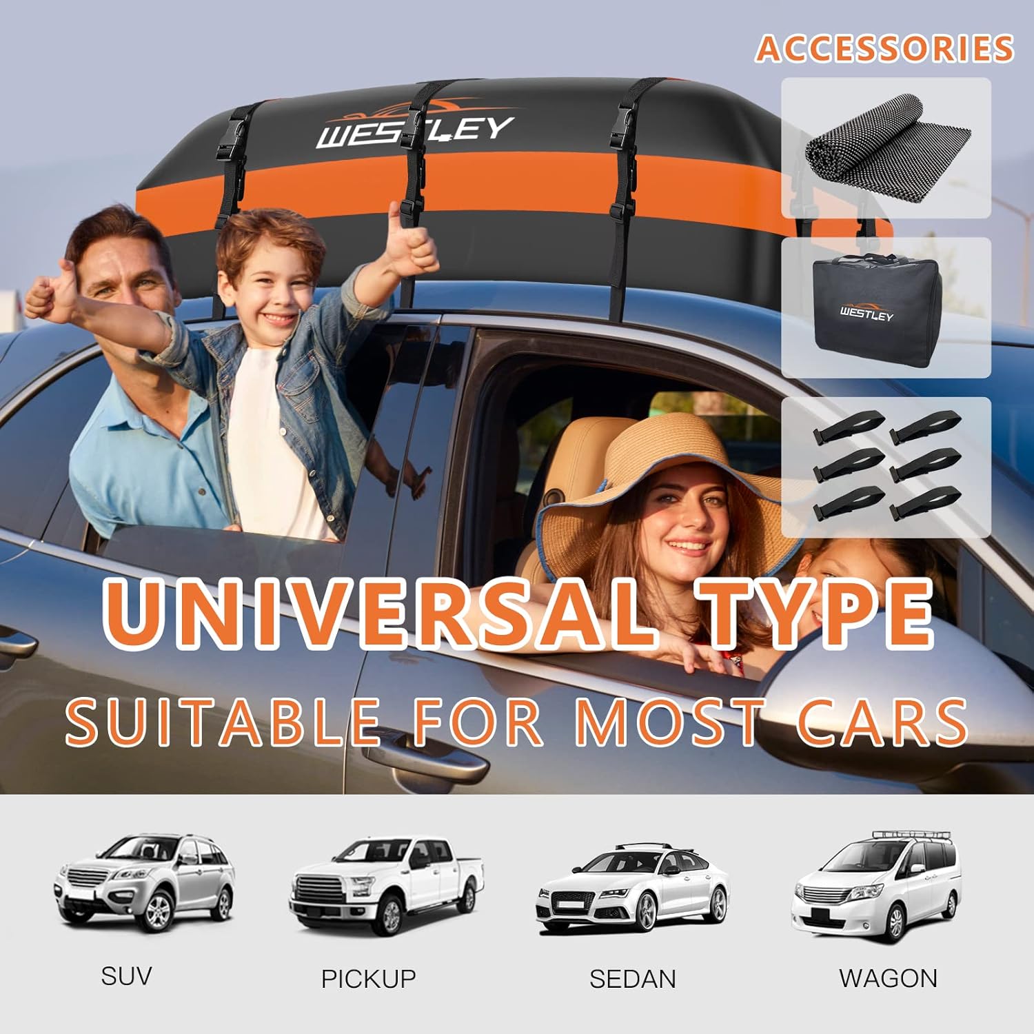 WESTLEY Rooftop Cargo Carrier, Vehicle Cargo Bag 100% Waterproof Suitable for Cars with or Without Roof Rack, 15 Cubic Feet Accompanied with 1 Storage Bag, 1 Anti-Slip Mat, 2 Extra Straps and 6 Hooks