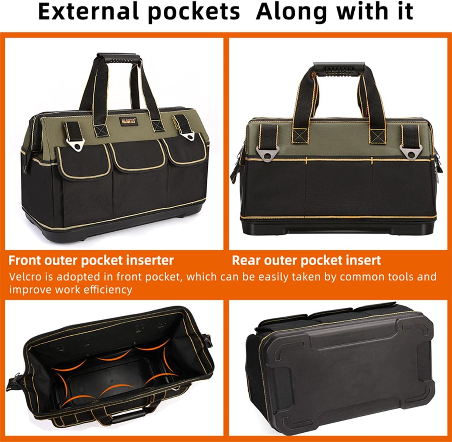 GOLDSKYUS 20 Inch Wide Mouth Tool Bag with Water Proof Molded Base Tool Storage Bag Multi-Functional Large Capacity Wearproof & Waterproof Tool Tote Bag (20 Inch)