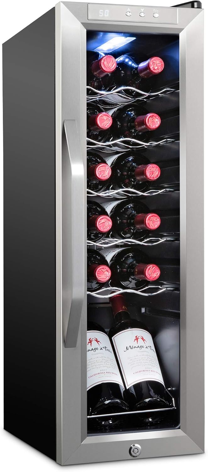 Ivation 12 Bottle Compressor Wine Cooler Refrigerator w/Lock | Large Freestanding Wine Cellar For Red, White, Champagne or Sparkling Wine | 41f-64f Digital Temperature Control Fridge Glass Door Black