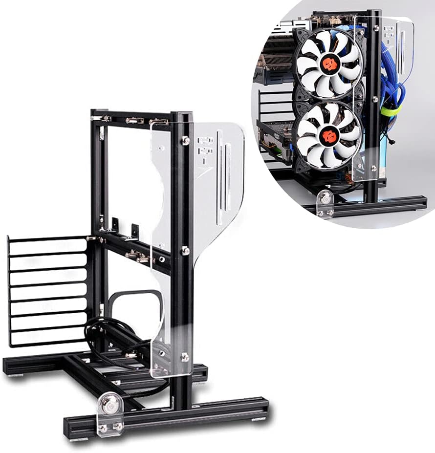 ITX (17 x 17cm) ATX MATX PC Motherboard Case Frame, Open Bare Metal Air Water Cooling Fan Stand Chassic Test Bench Vertical Rack Computer Board Overclocking Heat Dissipation(Vertical Black)