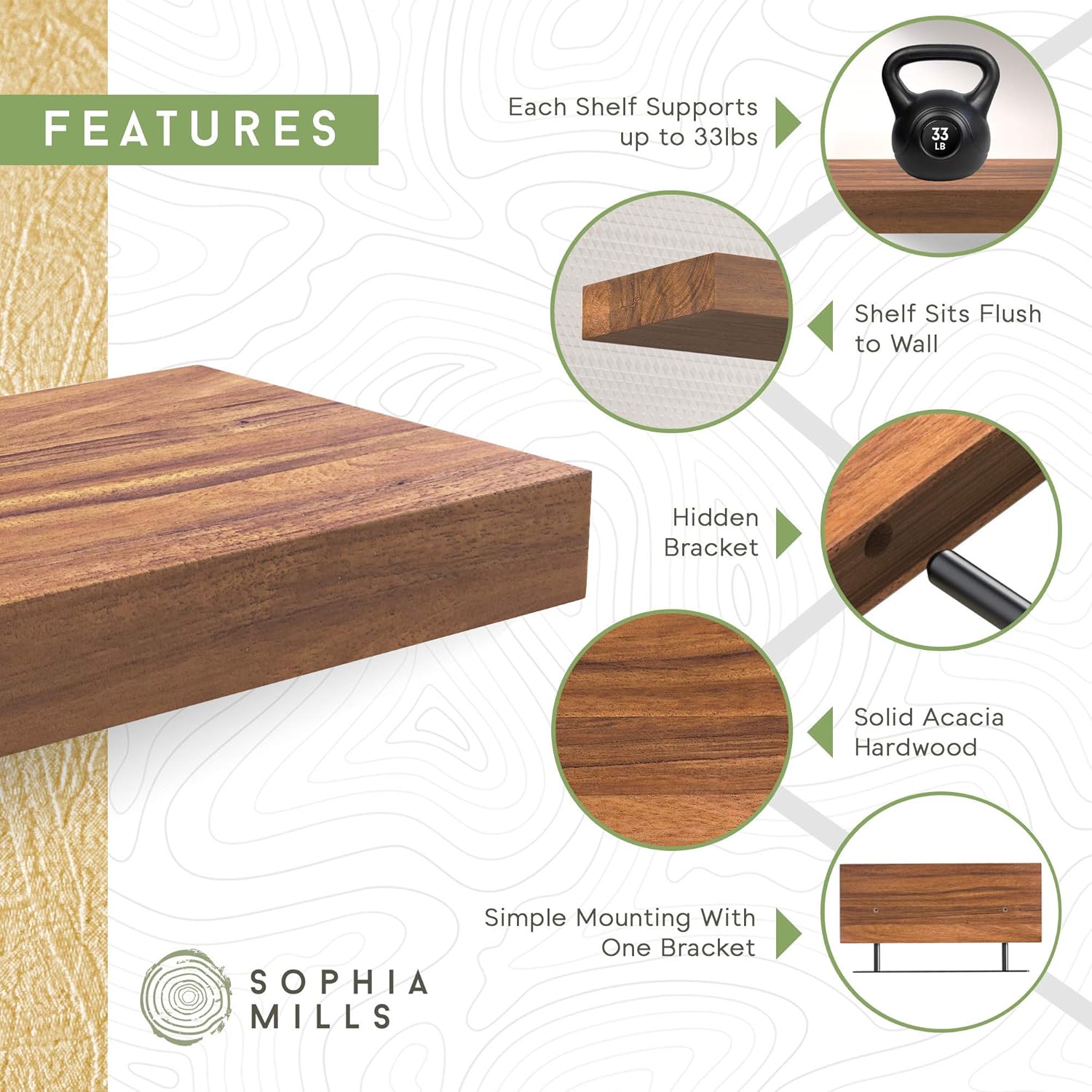 Floating Shelves Wall Mounted 17-Inch - Thick Handmade Set of Dark Brown Wooden Shelf, Natural Rustic Farmhouse Acacia Hard Wood, Solid Shelving for Kitchen, Bathroom, Bedroom Decor - 2 Pack