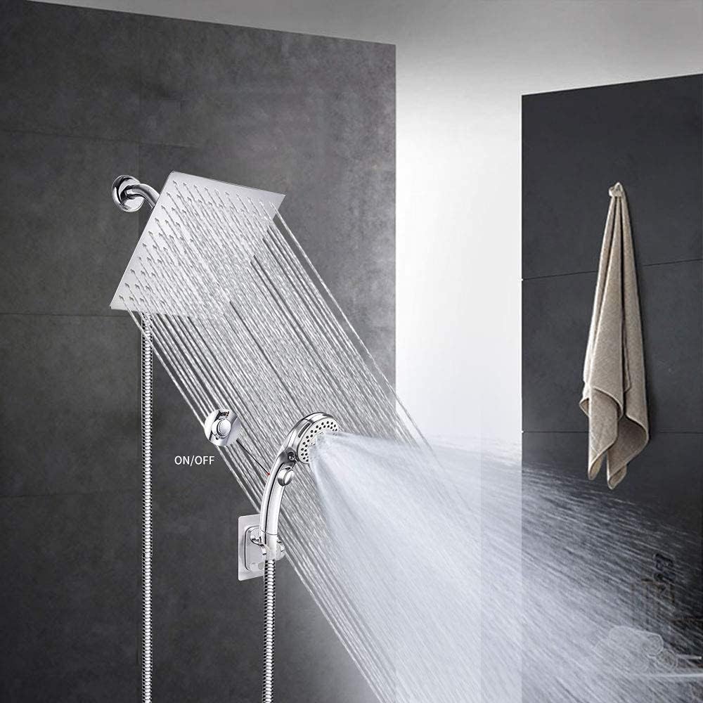 Shower Head with handheld, High Pressure 8'' Rainfall Stainless Steel Shower Head/Handheld Shower with ON/OFF Pause Switch Shower Combo with hose,Adhesive Shower Head Holder Pack of 2