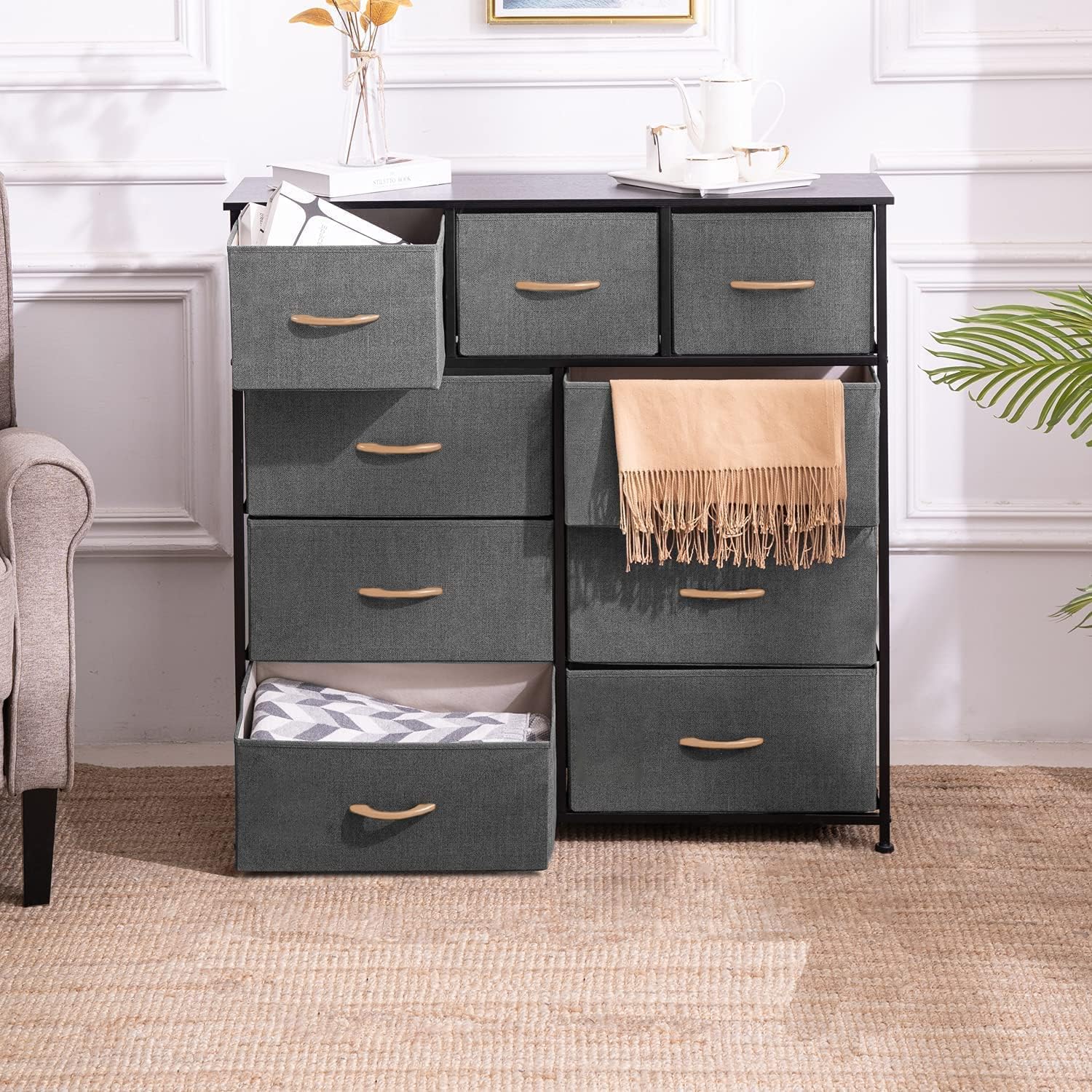 YOLENY Closet Dresser with 9 Drawers, Furniture Storage Tower Unit for Bedroom, Hallway, Closet, Office Organization, Fabric Storage Tower, with Sturdy Steel Frame, Wood Top, Easy Pull Handle, Black Grey