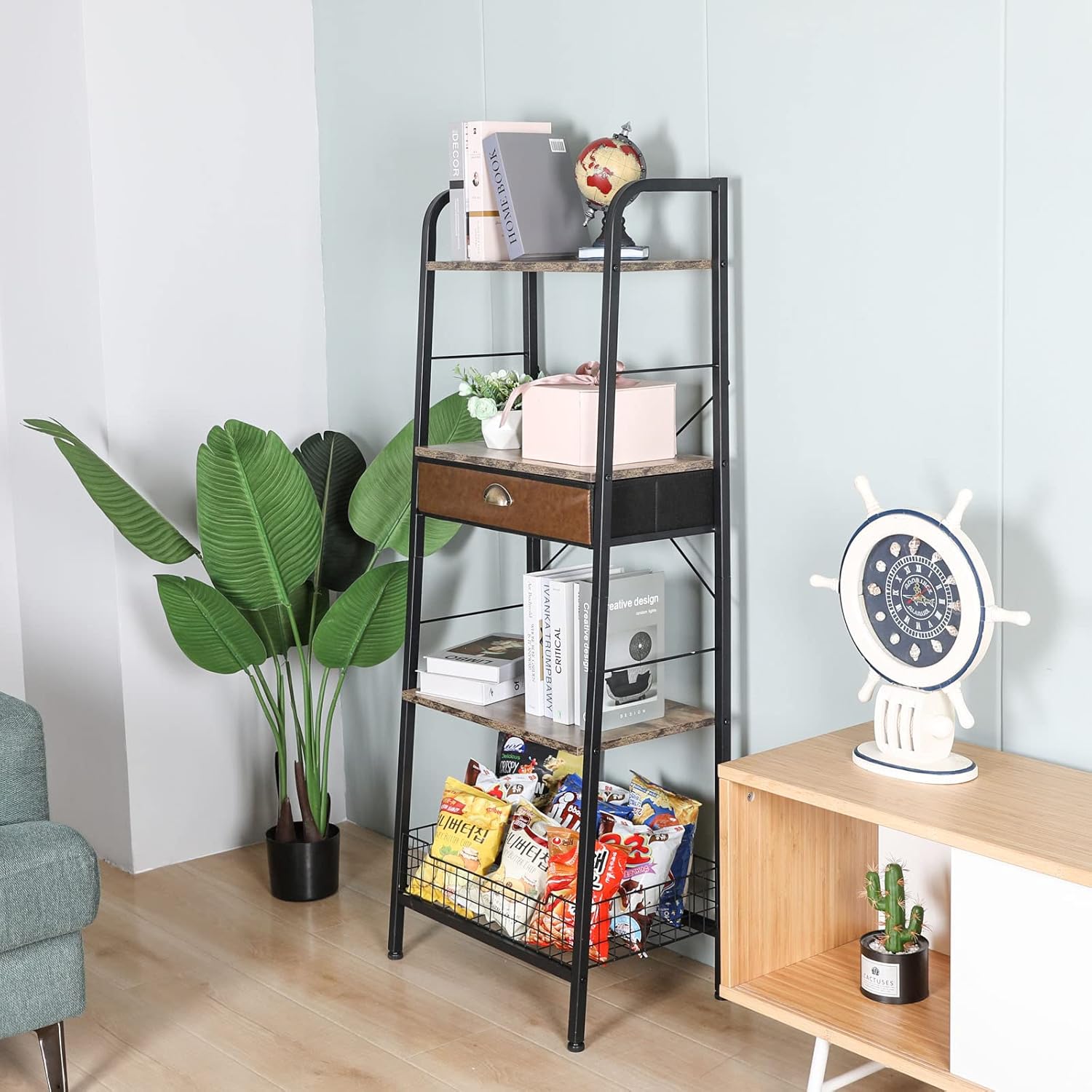 4 Tier Ladder Shelves with Drawer, Industrial 4 Layer Freestanding Bookshelf, Home Bookcase with Hooks, Iron Frame Storage Rack Shelves for Kitchen Bathroom Living Room Office Balcony