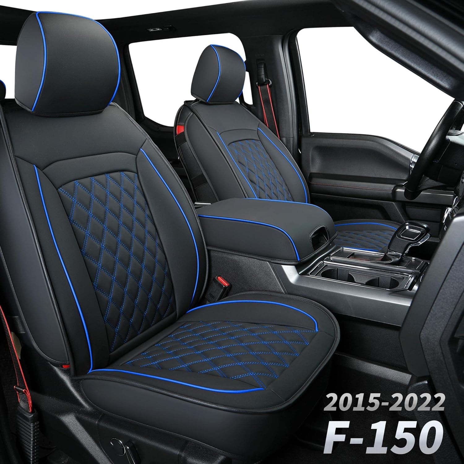 LUCKYMAN CLUB S07-Q2 Waterproof Faux Leather Seat Covers, Fit for 2015-2022 F150 Crew Cab, and 2017-2022 F250 F350 Crew Cab with Center Console Cover(Full Set, Black&Red)