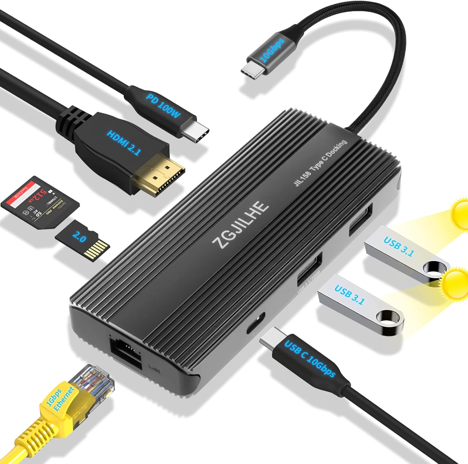 8K @30Hz USB3.1 C Hub, ZGJILHE 8-in-1 USB-C Hub Adapter Dongle with HDMI 2.1, PD-100W, 1000M Ethernet for USB C Laptops, MacBook Pro/Air 2020/2019,iPad Pro,XPS & More