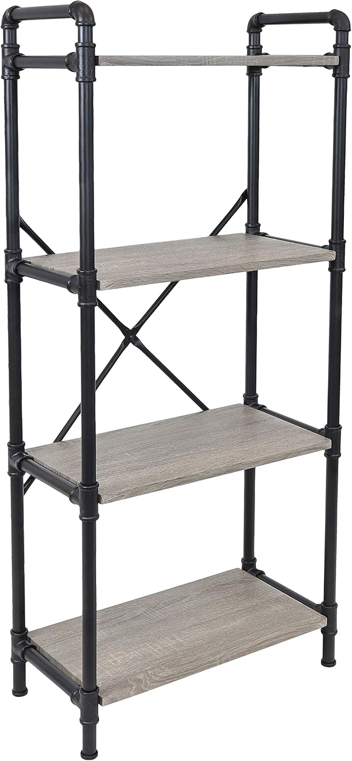 Sunnydaze 4-Tier Freestanding Industrial Bookshelf for Living Room - Black Pipe Style Frame with Wood Veneer Shelves - Oak Gray