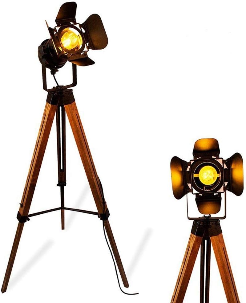 Vintage Black Wood Tripod Floor Lamp for Living Room, Modern Industrial Metal Nautical Cinema e26 Standing Corner Searchlight - Rustic Reading Adjustable Desk Table Light for Bedroom Office Decoration