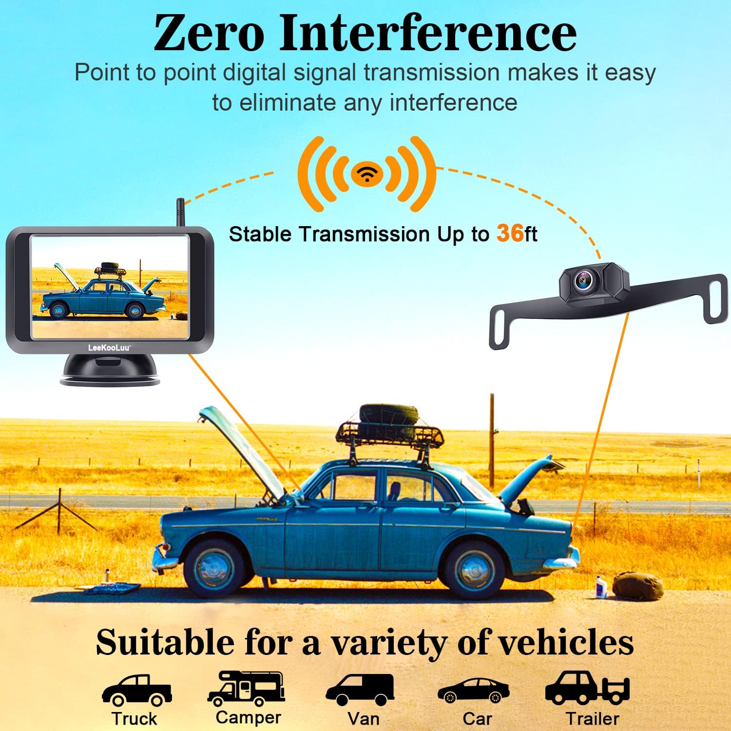 Wireless Backup Camera for Truck HD 1080P Waterproof Car Mini-RV Back Up Camera System Travel Camper Rear View 5'' Monitor Night Vision Two Channels Digital WiFi Signals LeeKooLuu F09
