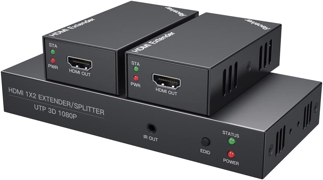 HDMI Extender Splitter 1080P 2 Way 50m (165ft) Over Ethernet Cat 5E/6/7 with IR Return, 2 Local HDMI for Monitor, HDMI Splitter Send Audio Video for PC, Camera Pack of 2