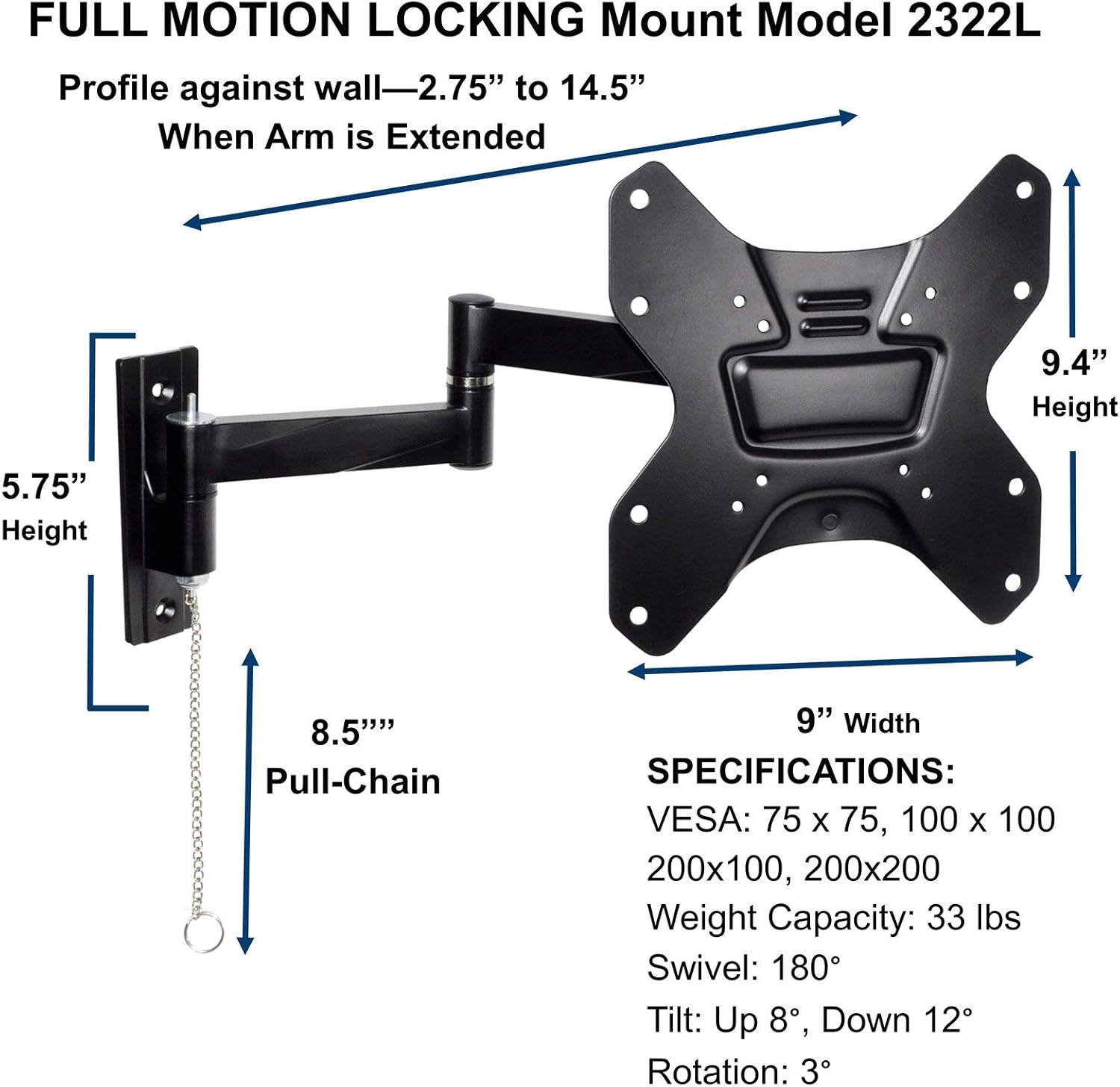 Master Mounts 2322L-2 Portable Travel RV TV Mount Locking Articulating Arm Allows 1 TV to be Used in 2 Locations, Keeps TV Secure in Moving Vehicles up to 50
