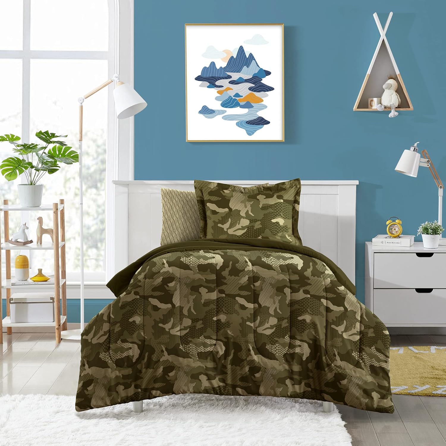 Dream Factory Kids 5-Piece Complete Set Easy-Wash Comforter Bedding, Twin, Green Geo Camo Pack of 2