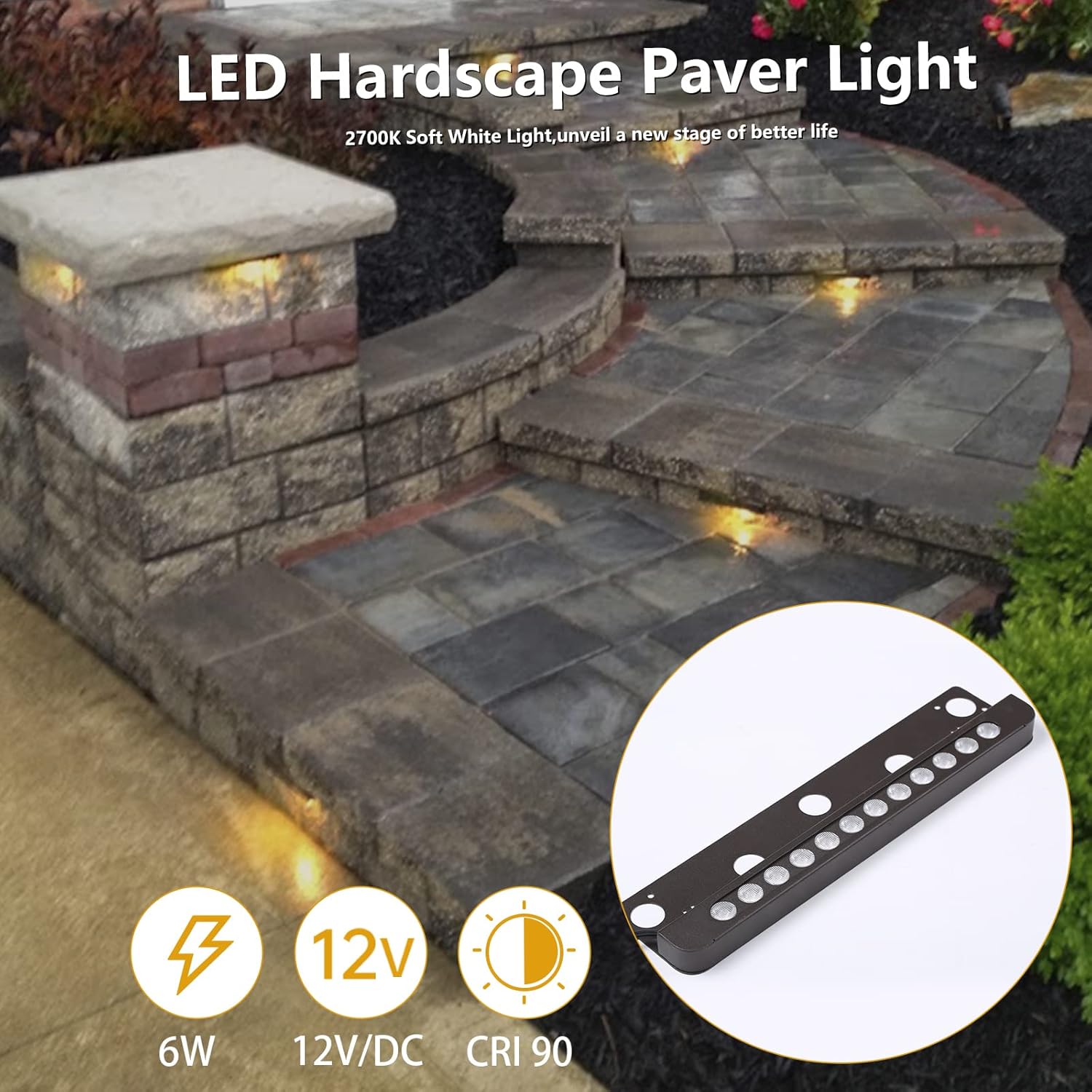 Wapiti 12 Inch 6W LED Hardscape Lightings,8 Pack Outdoor Retaining Wall Lights,IP65 Waterproof 12V AC/DC Low Voltage 2700K Soft White Outdoor Step Lights,Hardscape Paver Light ETL Listed
