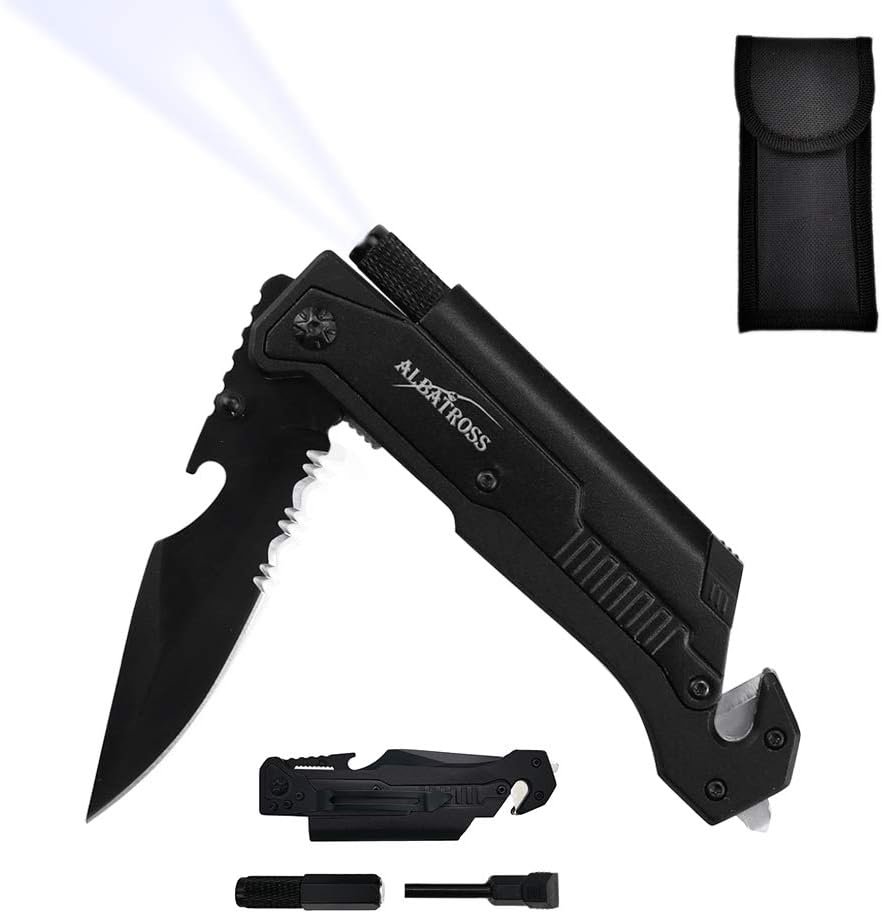 7-in-1 Dispatcher Tactical Knife with Glass Breaker, Seatbelt Cutter,Steel Serrated Blade,Flashlight,Fire Starter,Bottle Opener and Carrying bag, Good for Military Emergency Outdoor Rescue (Black)