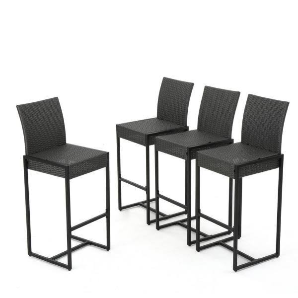 Noble House Taliyah Black Wicker Outdoor Bar Stool (4-Pack)