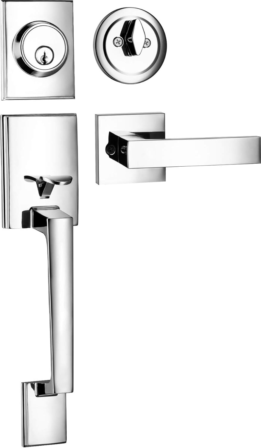 Berlin Modisch Single Cylinder HandleSet with Lever Door Handle (for Entrance and Front Door) Reversible for Right and Left Handed and a Single Cylinder deadbolt Handle Set Polished Chrome Finish Pack of 2