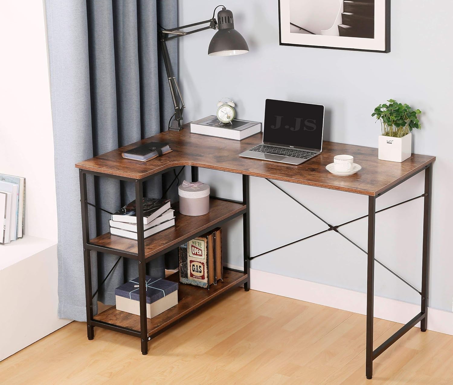 JJS L-Shaped Home Office Corner Writing Computer Desk with Build-in Bookcase, Wood Metal Modern Study Laptop Table Workstation with Storage Shelves for Small Space, Antony Rustic Brown