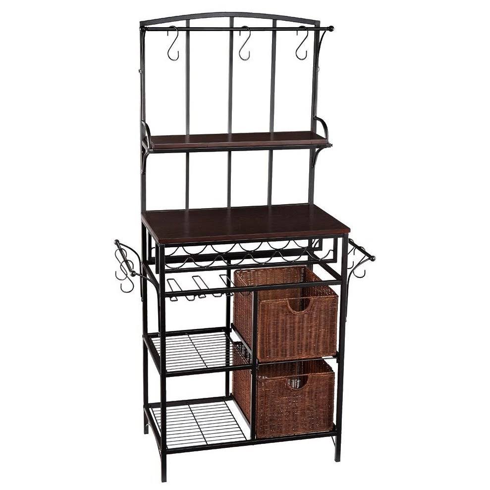 4-Tier Black Metal Bakers Rack Shelf Unit w/Baskets u0026 Wine Rack