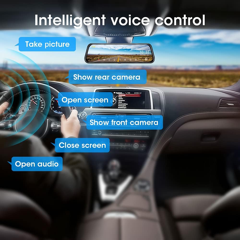 2.5K Voice Control Mirror Dash Cam Rear View Mirror Backup Camera Front and Rear , 10'' Rearview Mirror Backup Camera Dual Full HD Super Night Vision G-Sensor Parking Assistance