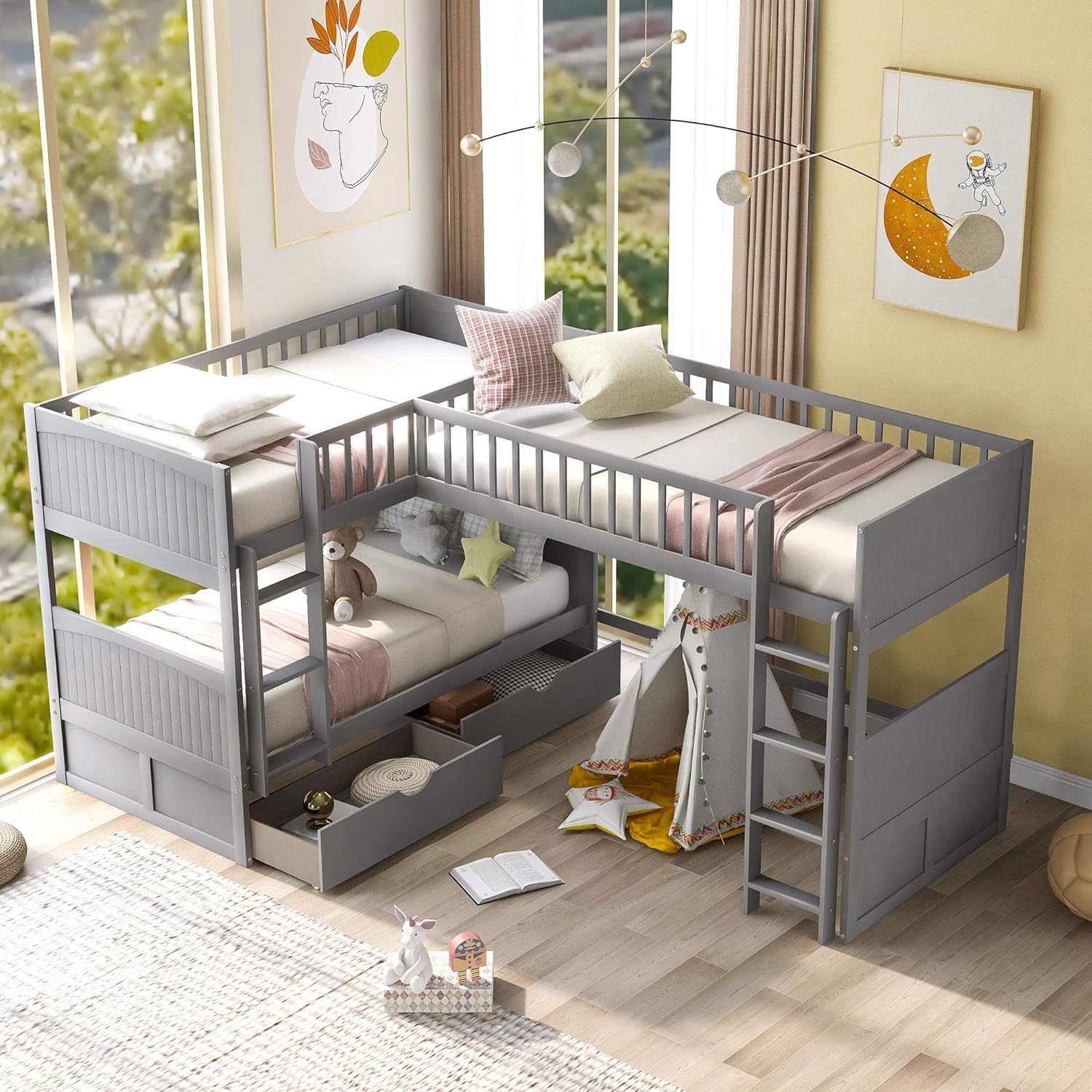 Merax Bunk Bed Attached, Two Storage Drawers Loft, Twin, Gray