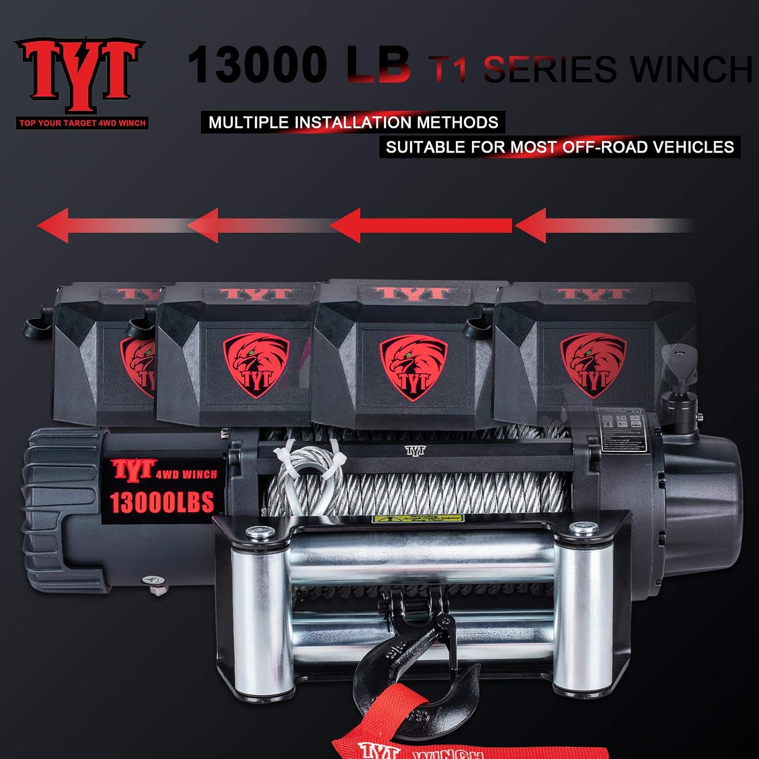 TYT T1 Series Winch 13000 lb. Advanced Load Capacity Electric Winch,12V Waterproof IP67 Electric Winch with Hawse Fairlead, Steel Cable Truck Winch with Wireless Handheld Remote and Wired Handle