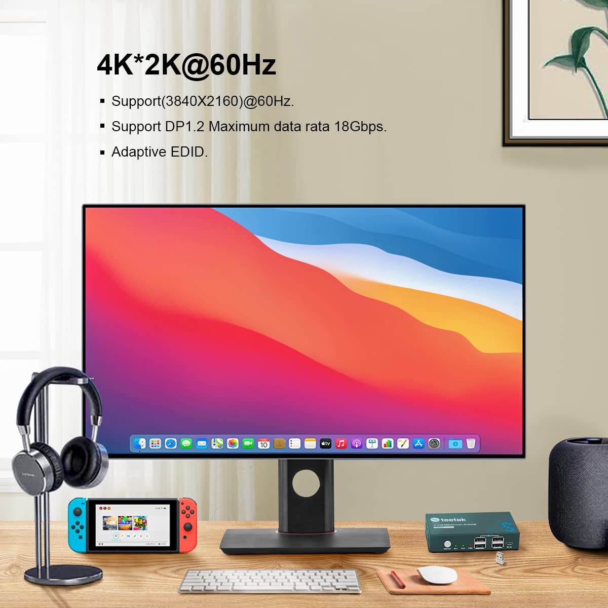 KVM Switch Displayport 2 Port, 4K@60Hz (YUV 4:4:4), DP 1.2 and 4 USB 2.0, DP KVM Switch for 2 Computers Share 1 Monitor and 1 Set Keyboard Mouse, Button Switch with 2 DP Cables and 2 USB Cables Pack of 2