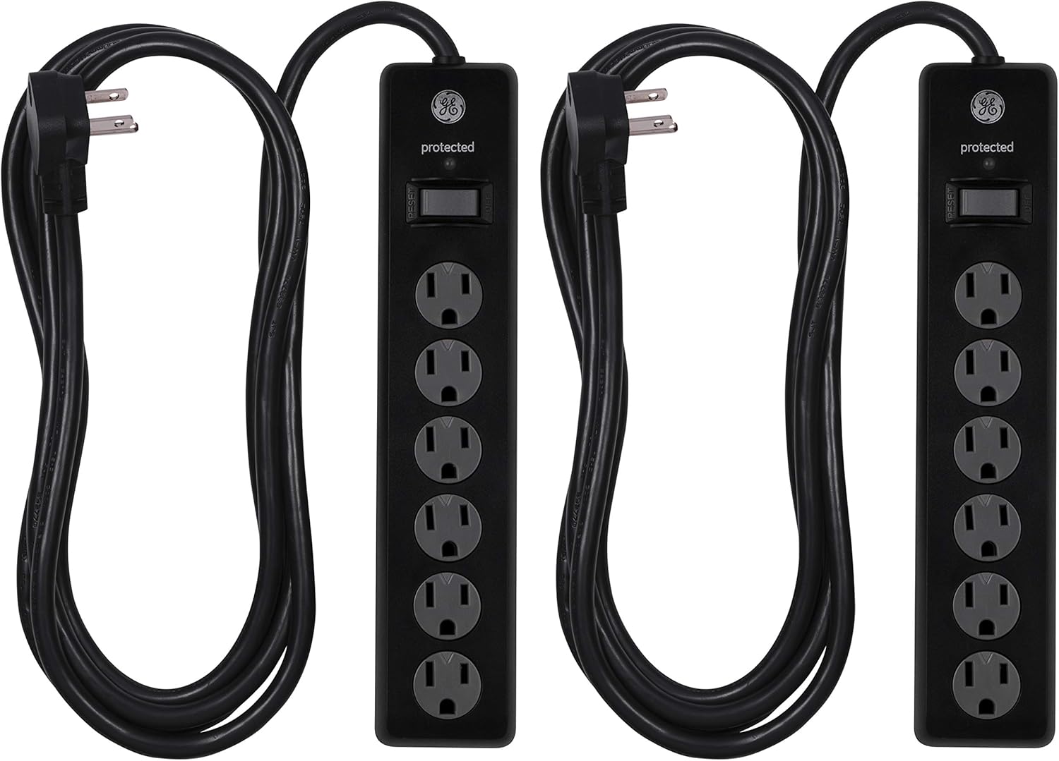 GE 6-Outlet Surge Protector, 2 Pack, 20 Ft Extension Cord, Power Strip, 800 Joules, Flat Plug, Twist-to-Close Safety Covers, Protected Indicator Light, UL Listed, White, 54653 Pack of 2