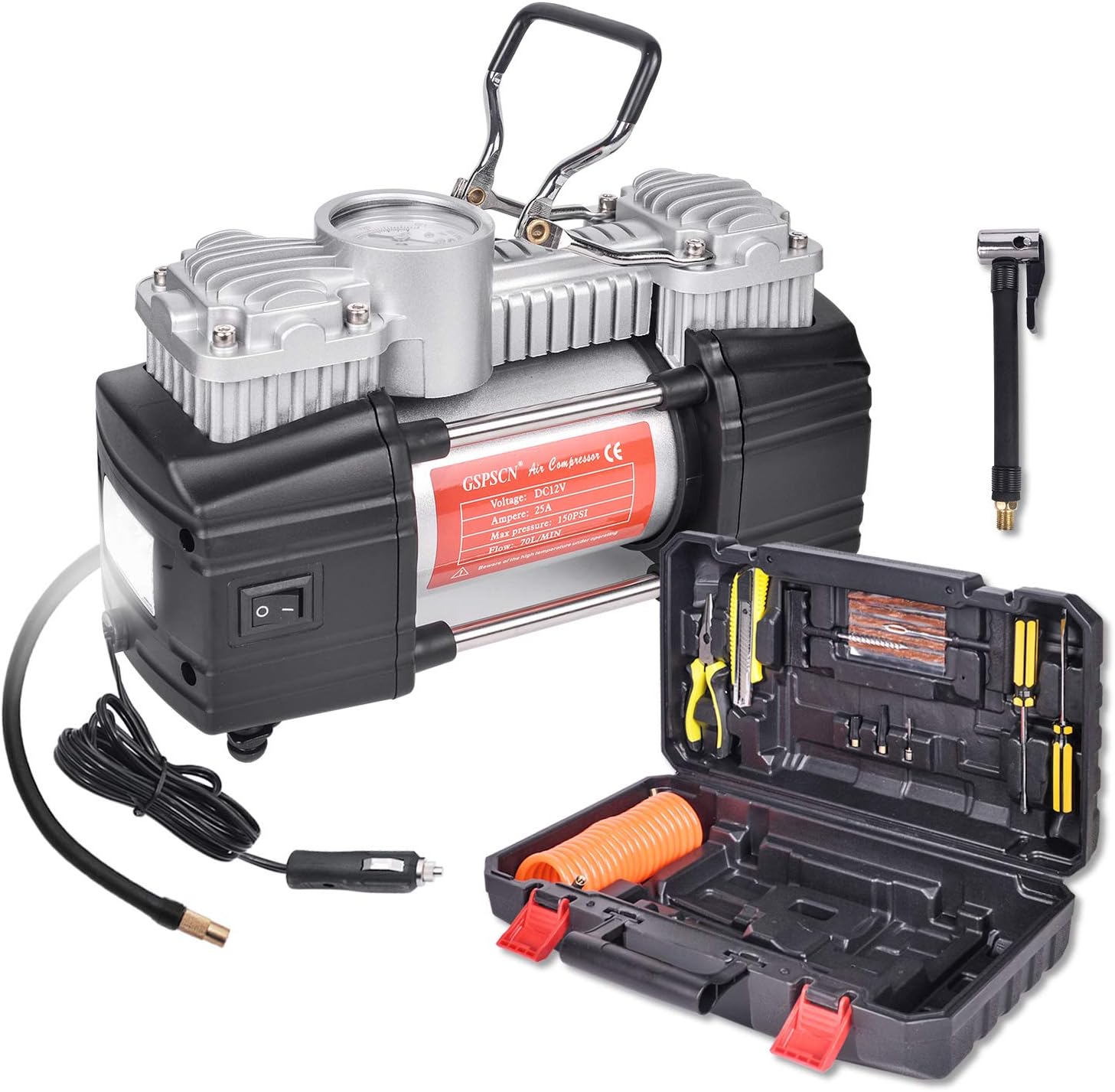 GSPSCN Dual Cylinder 12V Portable Air Compressor Pump with LED Work Lights, Heavy Duty Tire Inflator Pump 150PSI with Tire Repair Kit and Toolbox for SUV, Off-Road, Trailer, Truck, Bike, Air Bed Pack of 2