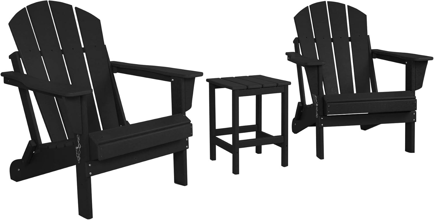WO 3 Piece Set - 2 pcs Outdoor Folding Poly Adirondack Chairs with 1pc Side Table for Backyard, Lawn, Deck, Garden - Weather Resistant Lounger Seat, Black