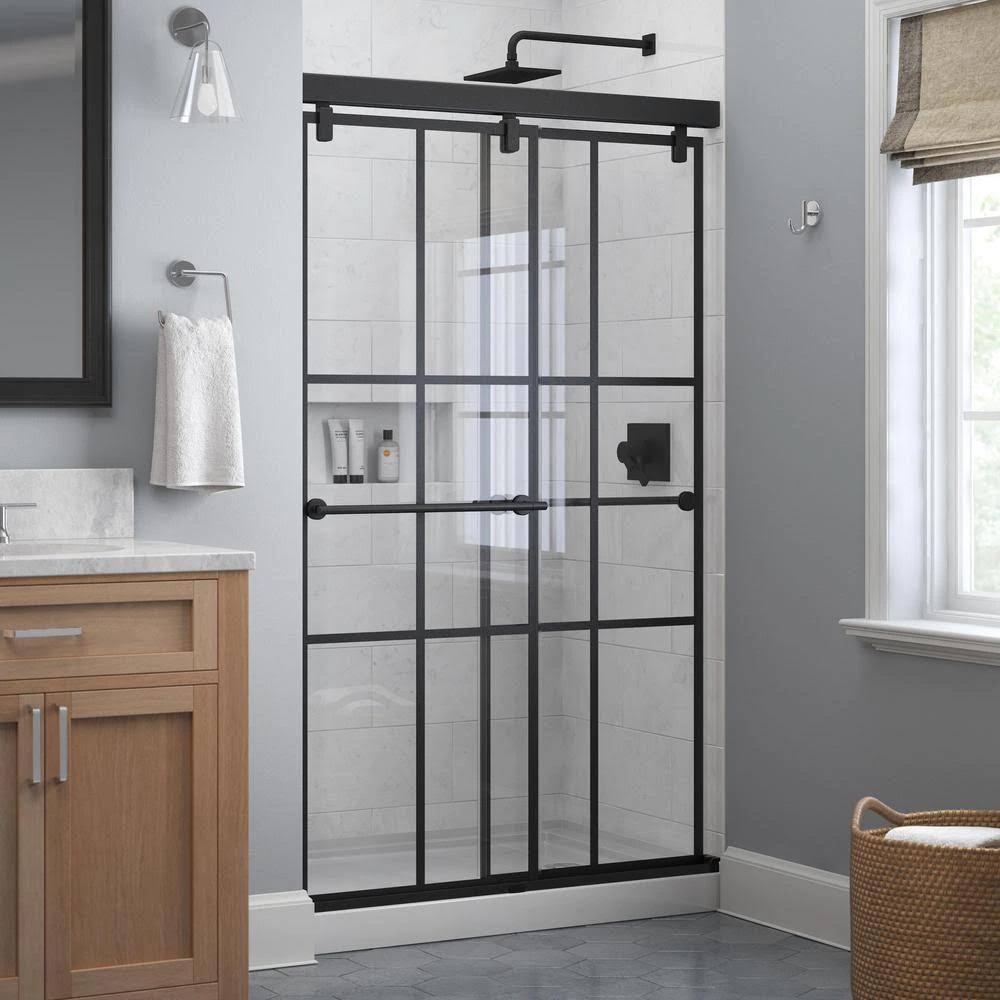 Delta Lyndall 48 in. x 71-1/2 in. Frameless Mod Soft-Close Sliding Shower Door in Matte Black with 1/4 in. (6 mm) Ingot Glass