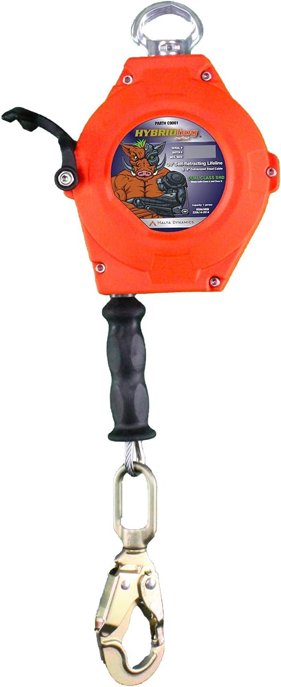 Malta Dynamics Hybrid Hog Series Self Retracting Lifeline 30' Class A & B, Quick-Action Braking System, YoYo Cable, Fall Protection Retractable Safety Lanyard - OSHA/ANSI Compliant