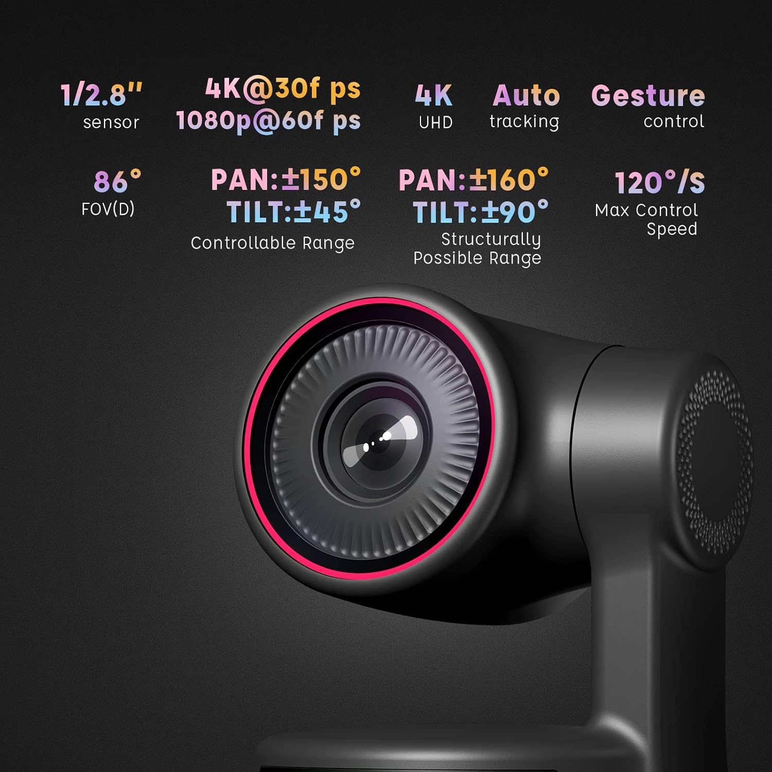 Obsbot Tiny 4K PTZ Webcam, AI-Powered AI-Tracking Auto-Framing Gesture Control HDR 4K Webcam with Dual Omni-Directional Mic 4X Zoom in/Out for Video Meeting Remote Class Live Streaming