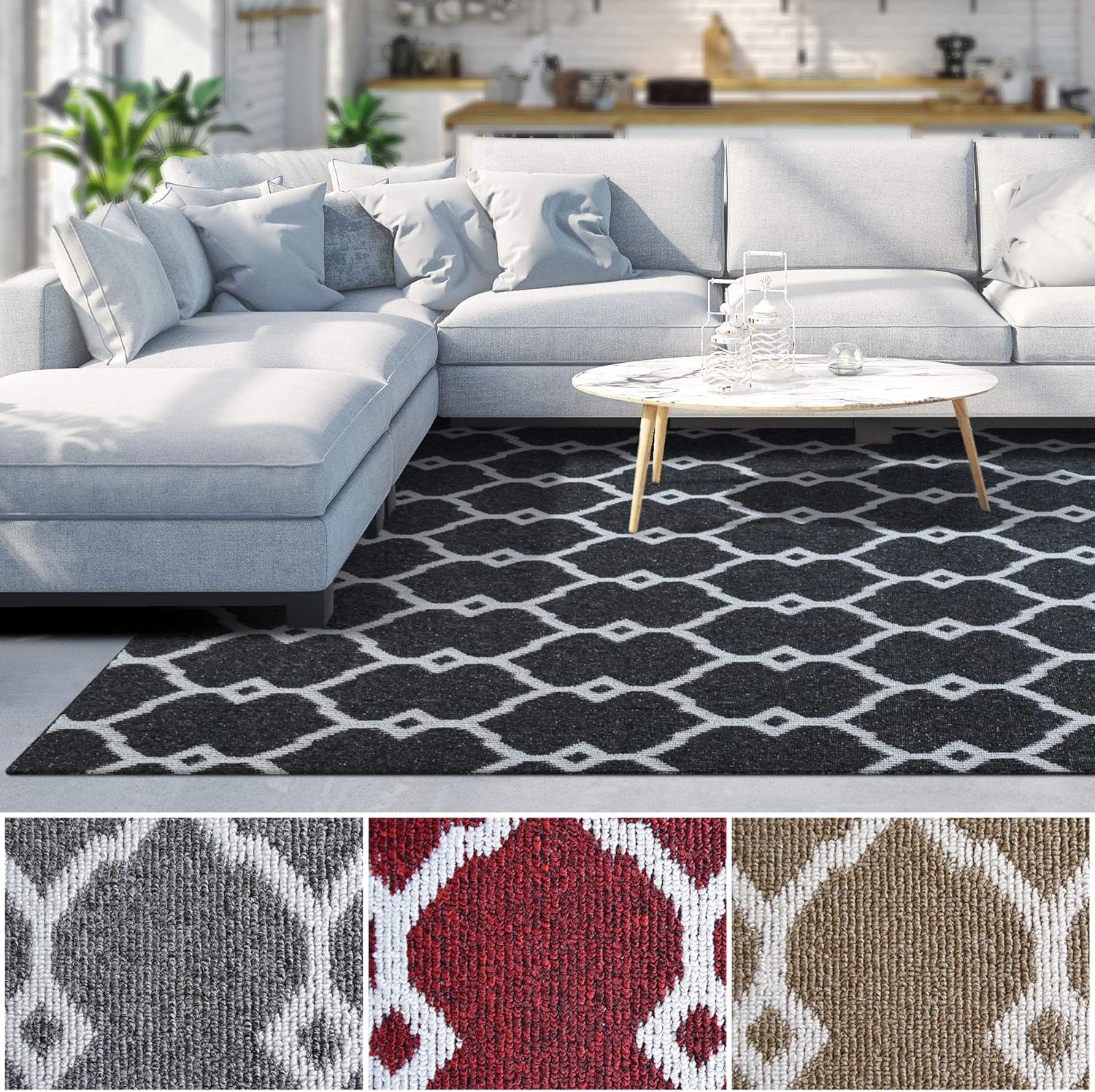 iCustomRug Modern Collection Interior Geometric Trellis Style Area Rug Bedroom, Family Living Room Black Color 4' x 6'
